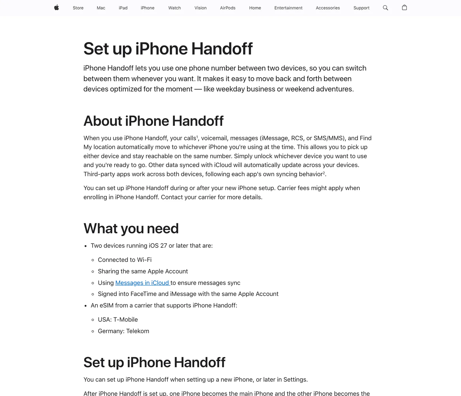 ภาพหน้าจอหน้า Set up iPhone Handoff ของ Apple ระบุสิ่งที่ต้องมีและค่ายที่รองรับคือ T-Mobile ในสหรัฐฯ และ Telekom ในเยอรมนี