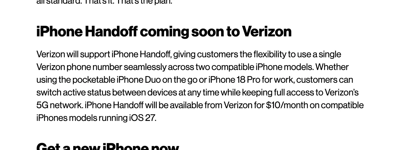 ภาพหน้าจอประกาศ iPhone Handoff coming soon to Verizon ระบุราคา 10 ดอลลาร์ต่อเดือนบน iPhone ที่ใช้ iOS 27