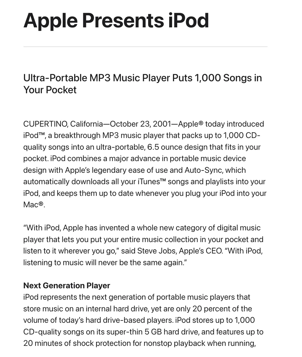 หน้าข่าวประชาสัมพันธ์ Apple Presents iPod ลงวันที่ 23 ตุลาคม 2001 หัวข้อรอง Ultra-Portable MP3 Music Player Puts 1,000 Songs in Your Pocket และคำพูดของ Steve Jobs
