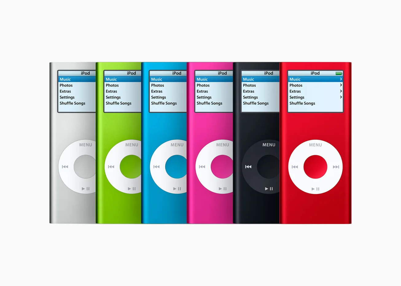 iPod nano รุ่นที่ 2 หกเครื่องหกสีเรียงกัน สีเงิน เขียว ฟ้า ชมพู ดำ และแดง