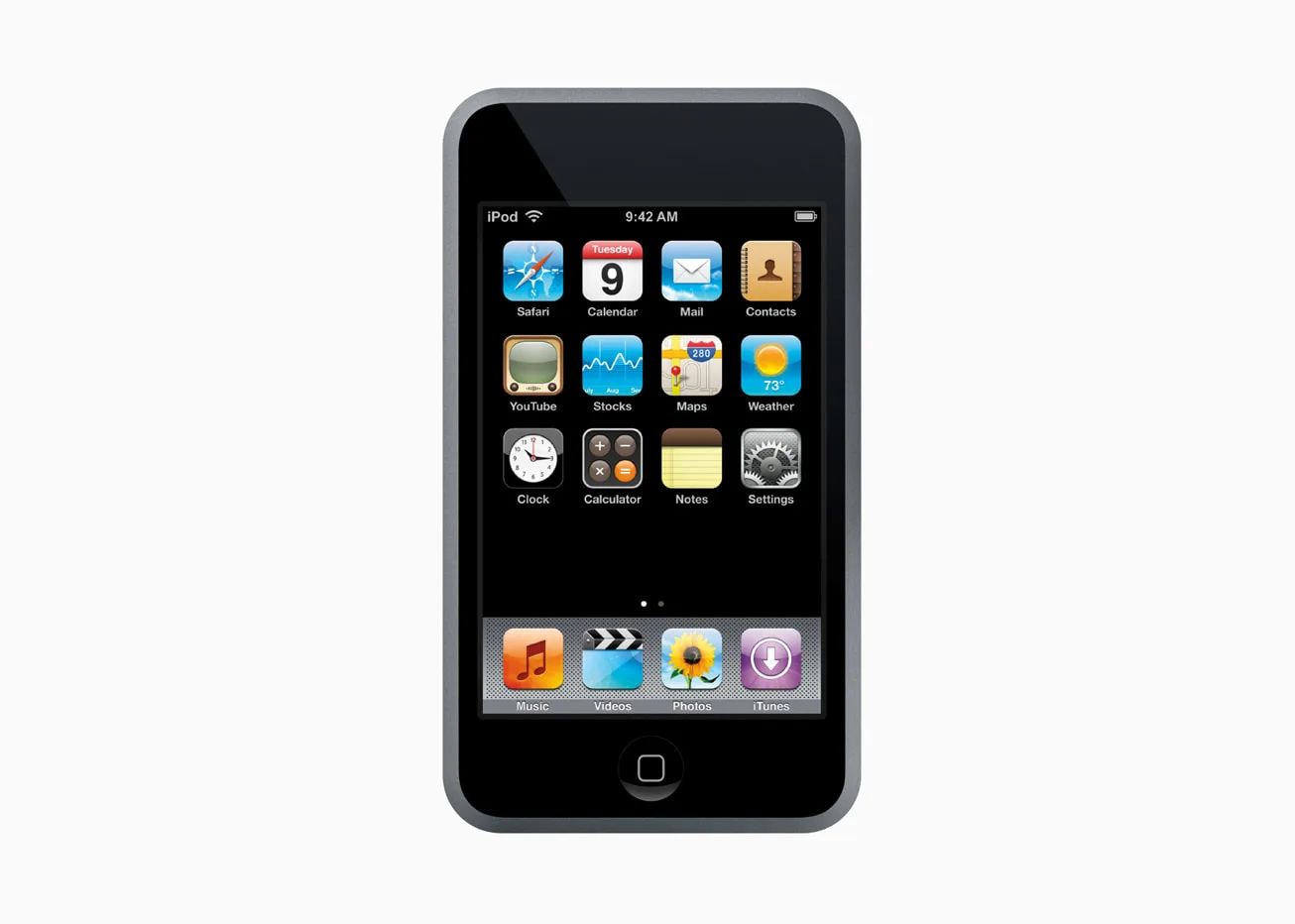 iPod touch รุ่นแรกสีดำ หน้าจอแสดงไอคอนแอปบนหน้าจอหลัก