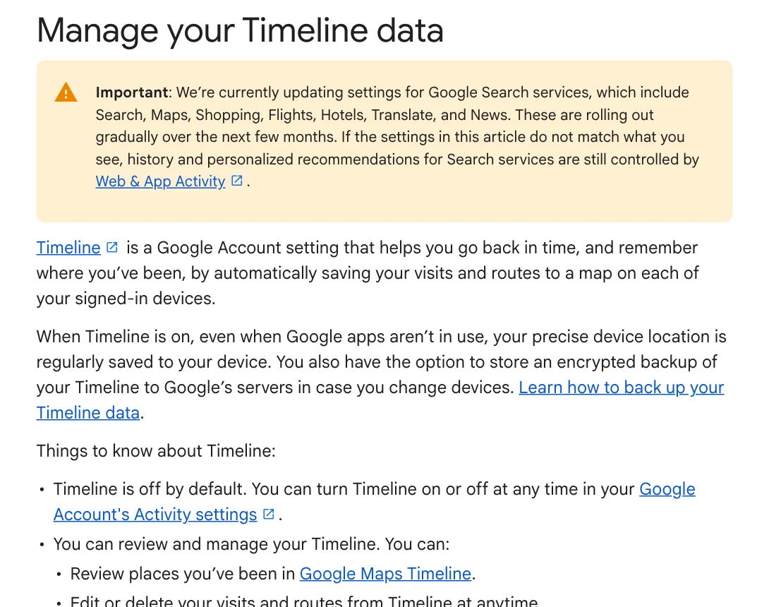 ภาพหน้าจอหน้าช่วยเหลือของ Google เรื่องการจัดการข้อมูล Timeline ซึ่งระบุว่า Timeline ปิดไว้เป็นค่าเริ่มต้น