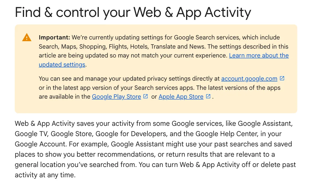 ภาพหน้าจอหน้าช่วยเหลือของ Google เรื่องการควบคุม Web & App Activity