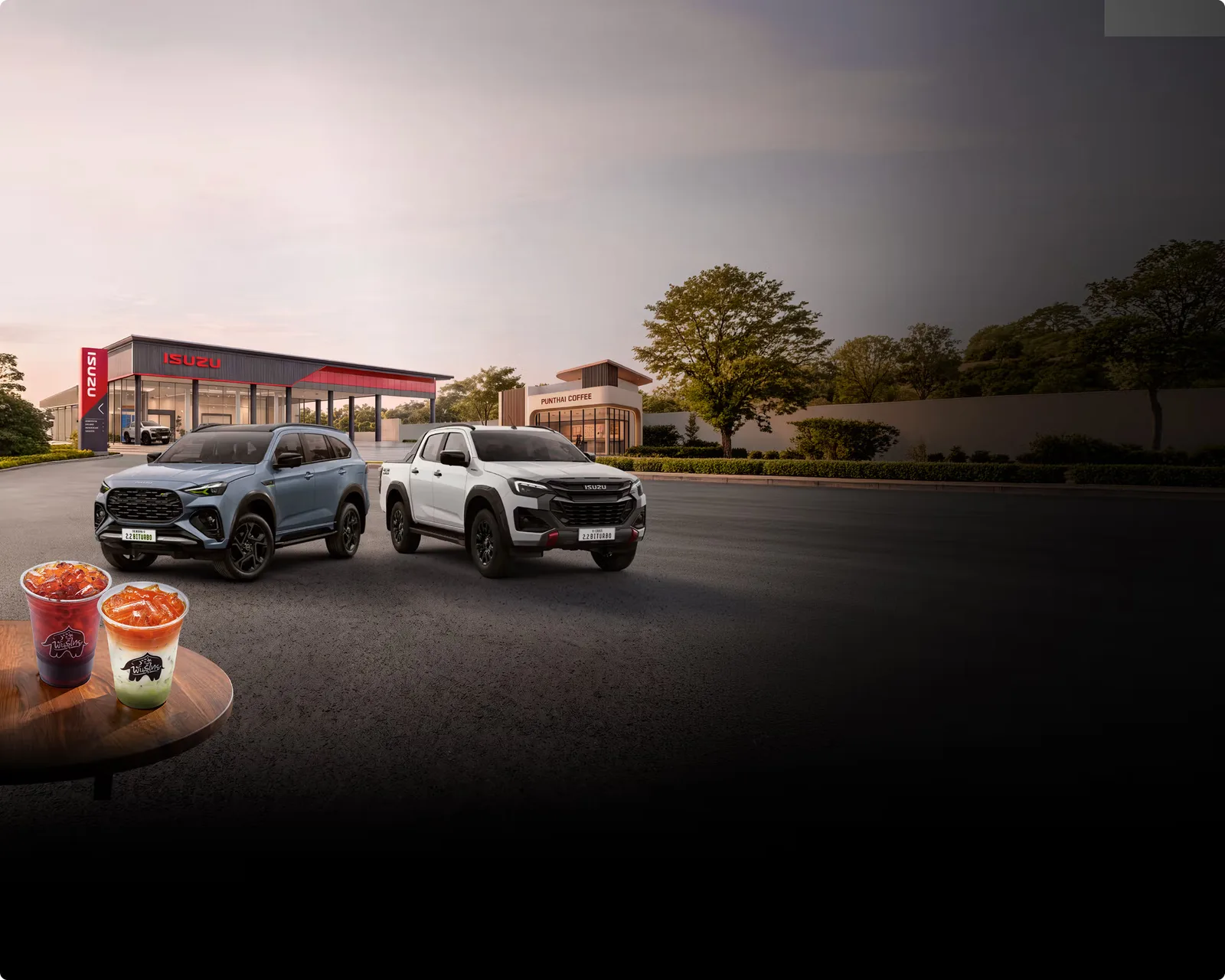 ภาพกิจกรรม TASTE YOUR POWER รถอีซูซุจอดหน้าโชว์รูมพร้อมเครื่องดื่มกาแฟพันธุ์ไทย 2 แก้ว