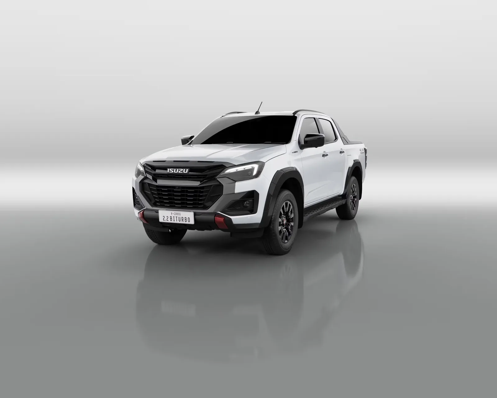 ISUZU V-CROSS 4x4 สีขาว มุมหน้า แผ่นป้าย 2.2 Biturbo ในสตูดิโอ