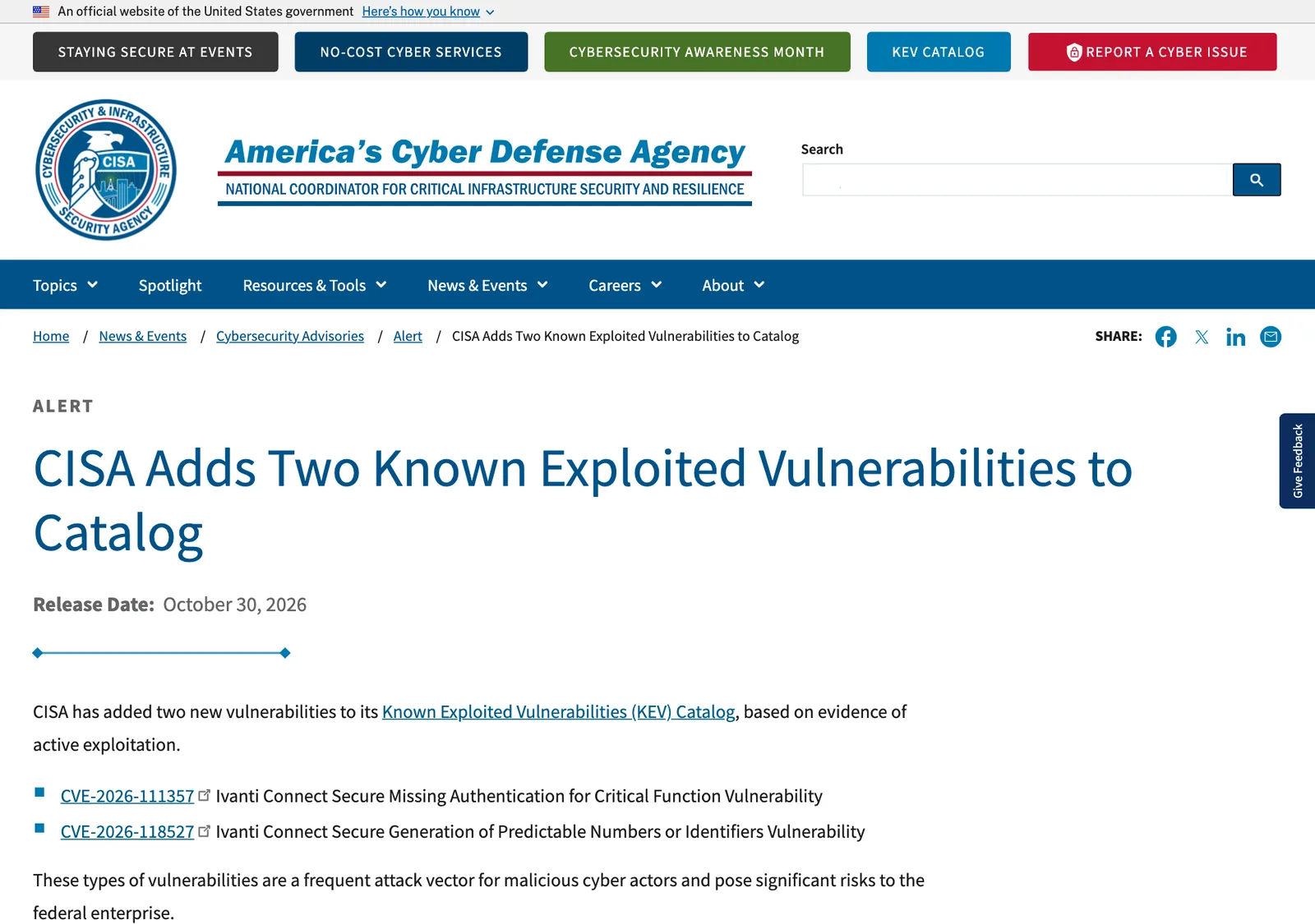ประกาศของ CISA ลงวันที่ 30 ตุลาคม 2026 เพิ่ม CVE-2026-111357 และ CVE-2026-118527 ของ Ivanti Connect Secure เข้าแค็ตตาล็อก KEV