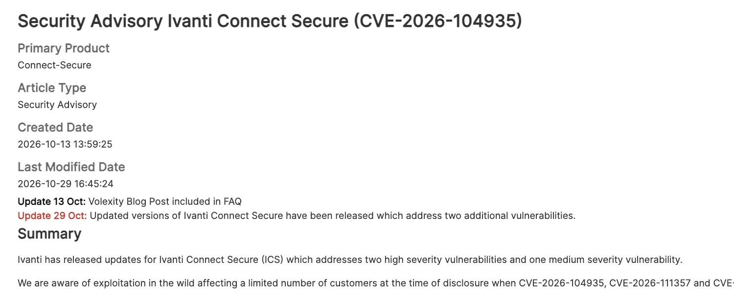 ส่วนหัวประกาศของ Ivanti แสดง Last Modified Date 2026-10-29 และข้อความ Update 29 Oct ว่ามีรุ่นใหม่แก้ช่องโหว่เพิ่มอีกสองรายการ