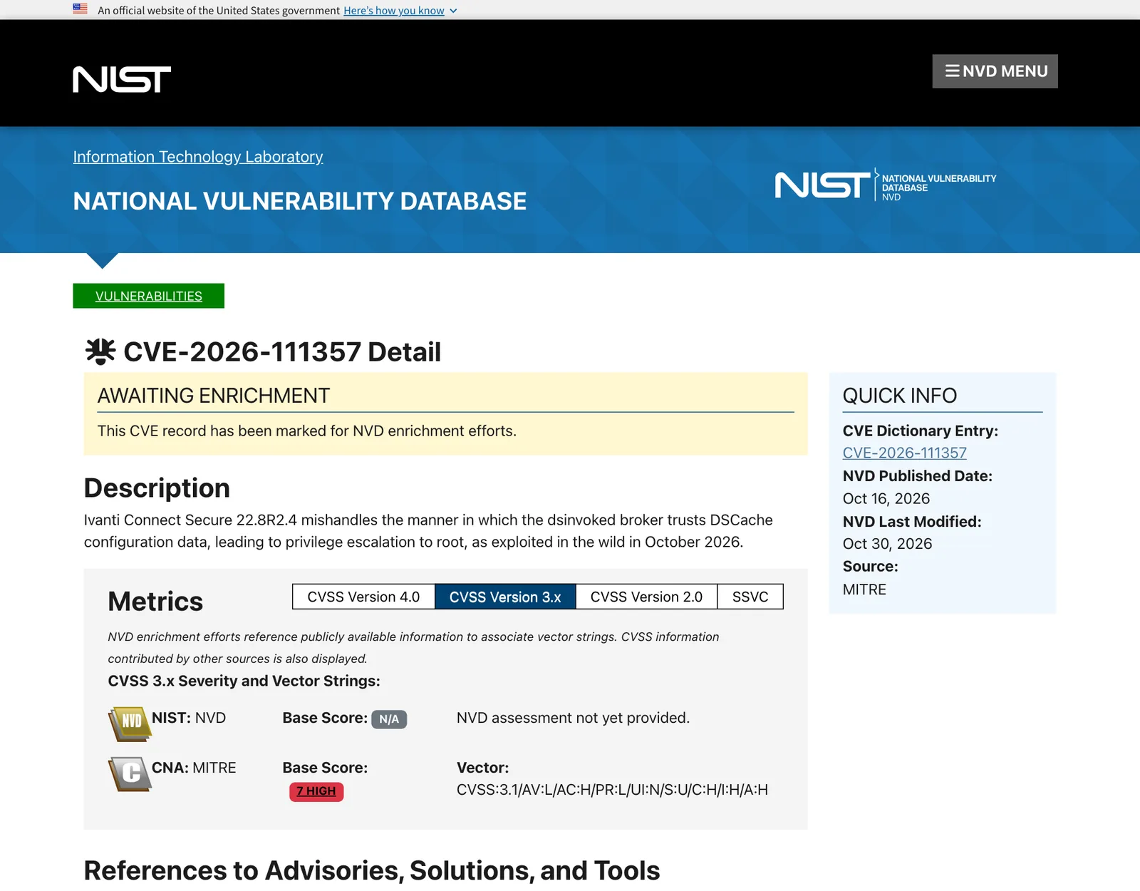 หน้า NVD ของ CVE-2026-111357 แสดงสถานะ Awaiting Enrichment และคะแนน 7 จาก MITRE