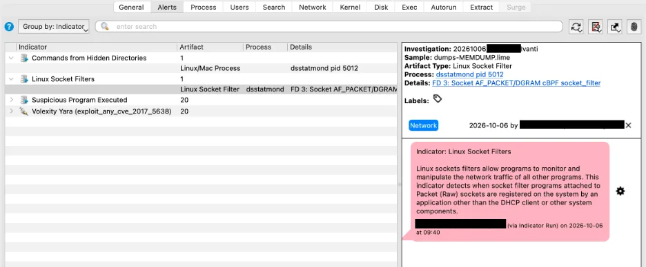 แท็บ Alerts ใน Volexity Volcano แสดงตัวบ่งชี้ที่พบระหว่างสอบสวนอุปกรณ์ Ivanti Connect Secure