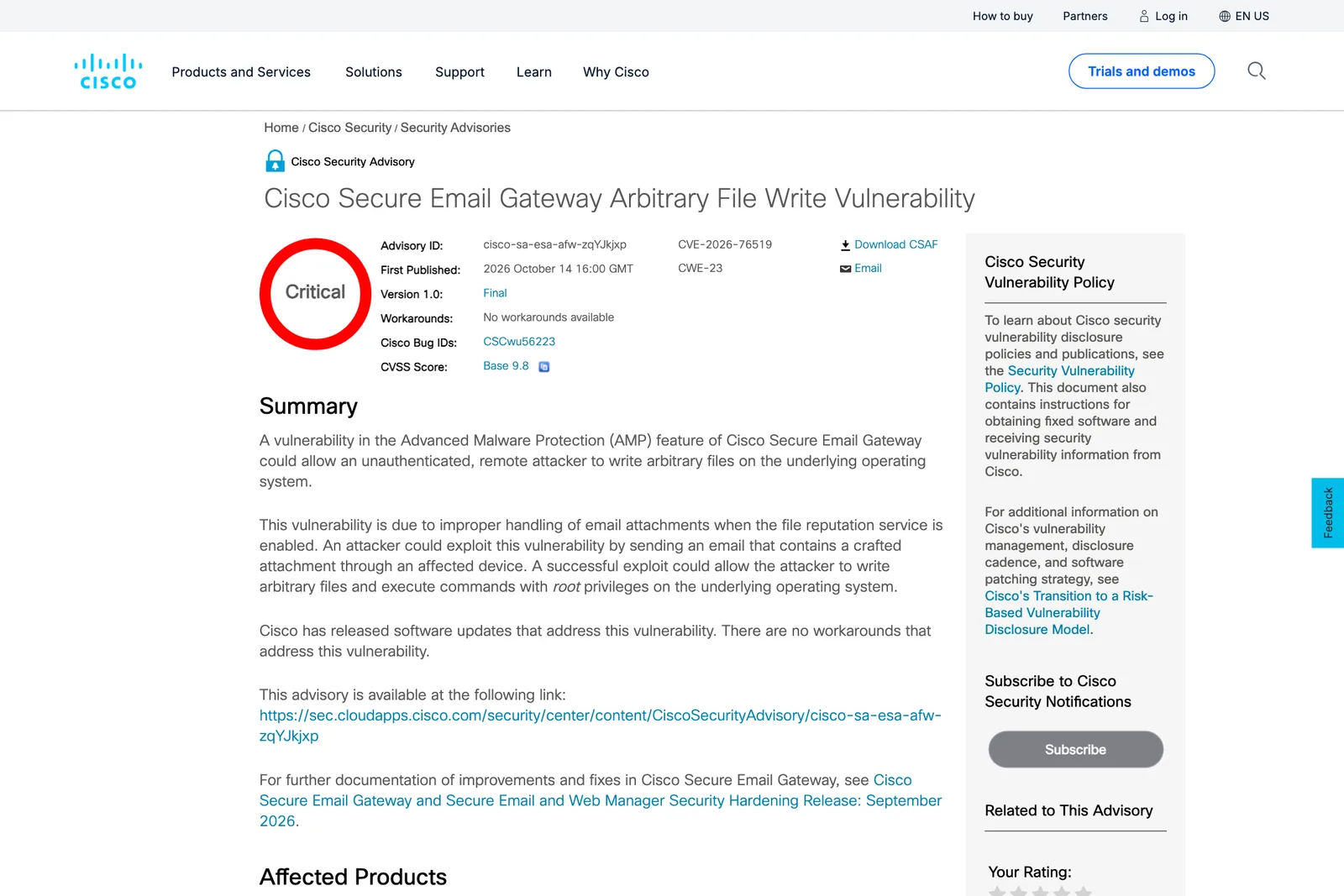 ประกาศ Cisco Security Advisory เรื่อง Cisco Secure Email Gateway Arbitrary File Write Vulnerability รหัส cisco-sa-esa-afw-zqYJkjxp CVE-2026-76519 ระดับ Critical CVSS 9.8 เผยแพร่ 14 ตุลาคม 2026 ไม่มีวิธีเลี่ยง