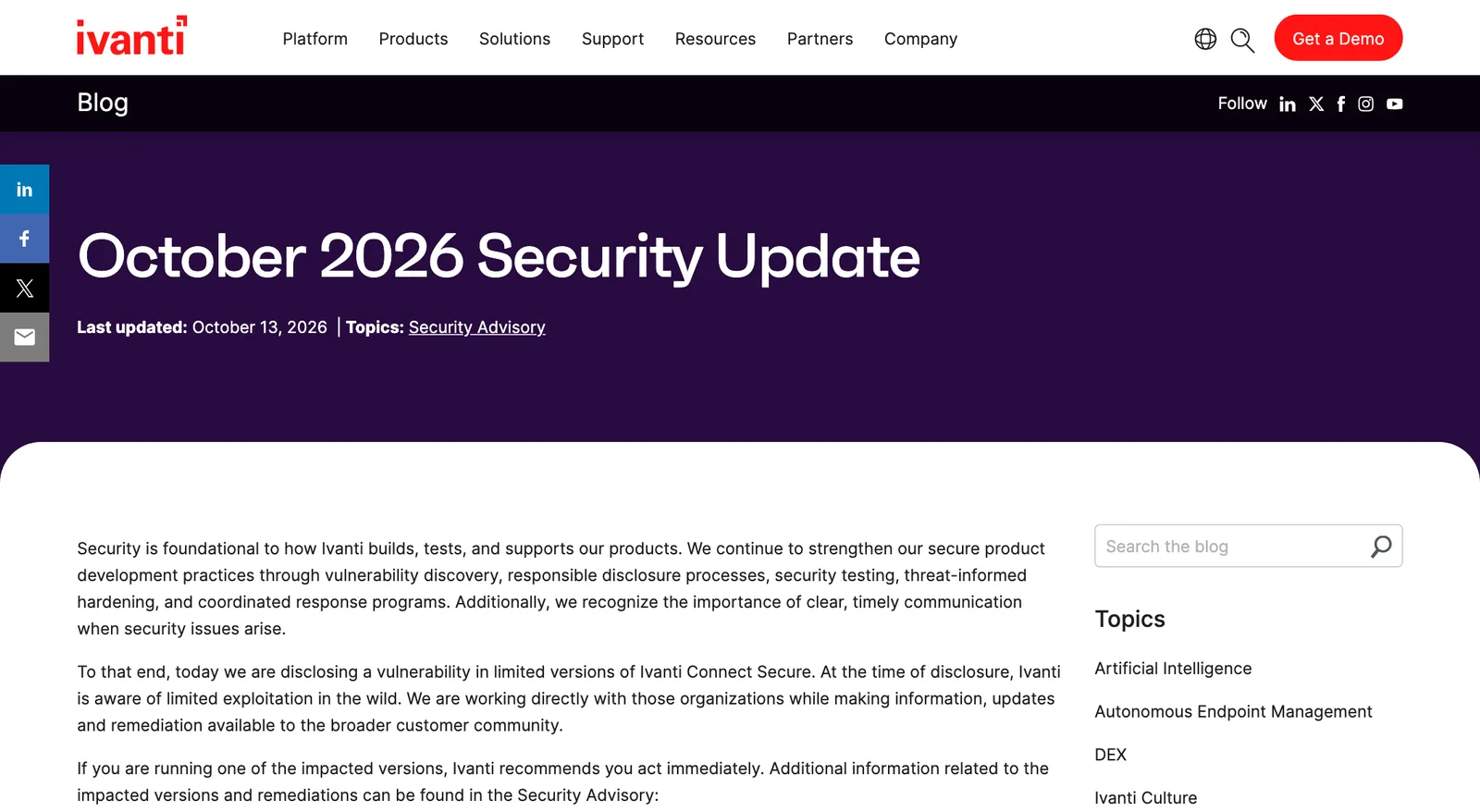 บล็อก October 2026 Security Update ของ Ivanti ลงวันที่ 13 ตุลาคม 2026 แจ้งช่องโหว่ใน Ivanti Connect Secure บางเวอร์ชันที่ถูกโจมตีจริงในวงจำกัด