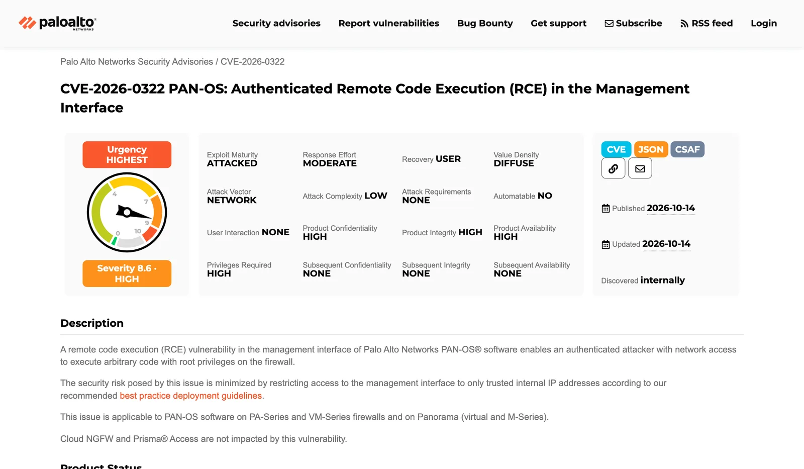 ประกาศ CVE-2026-0322 ของ Palo Alto Networks เรื่อง PAN-OS ช่องโหว่รันโค้ดจากระยะไกลในหน้าจัดการ ระดับความเร่งด่วนสูงสุด คะแนน 8.6 สถานะ Exploit Maturity ATTACKED เผยแพร่ 14 ตุลาคม 2026