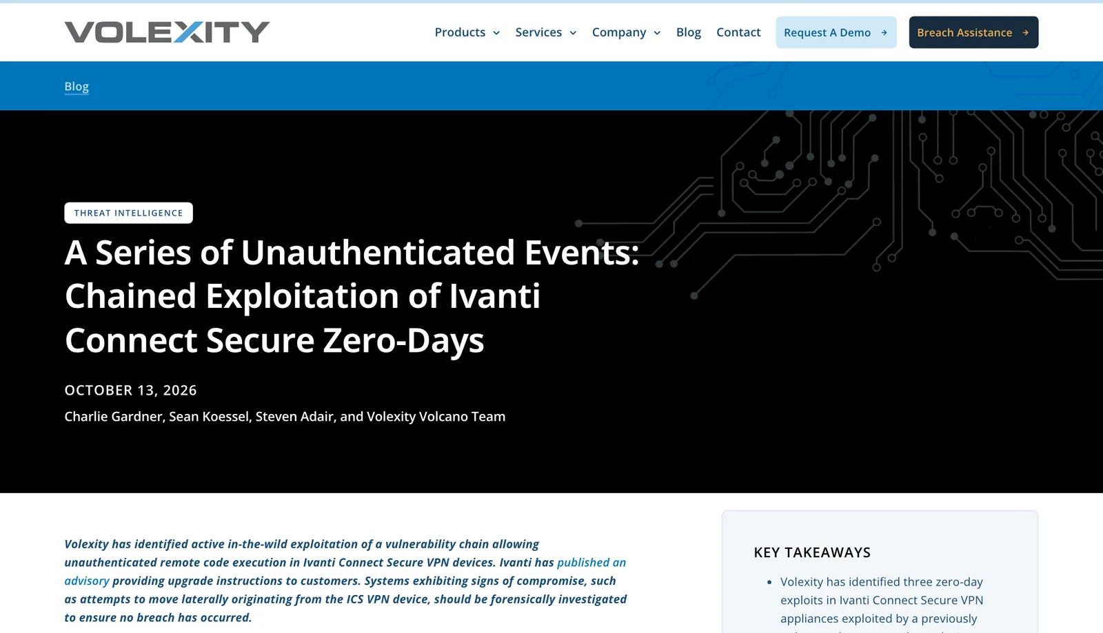 หน้ารายงานของ Volexity ชื่อ A Series of Unauthenticated Events: Chained Exploitation of Ivanti Connect Secure Zero-Days ลงวันที่ 13 ตุลาคม 2026 อธิบาย Ivanti Connect Secure zero-day ที่ถูกใช้โจมตีจริง