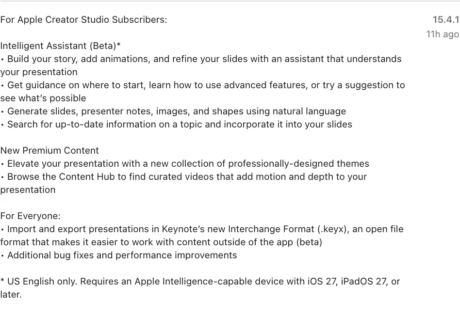 บันทึกรุ่น Keynote 15.4.1 ใน App Store: Intelligent Assistant (Beta) สร้างสไลด์และโน้ตผู้บรรยาย และการนำเข้าส่งออกไฟล์ .keyx สำหรับทุกคน