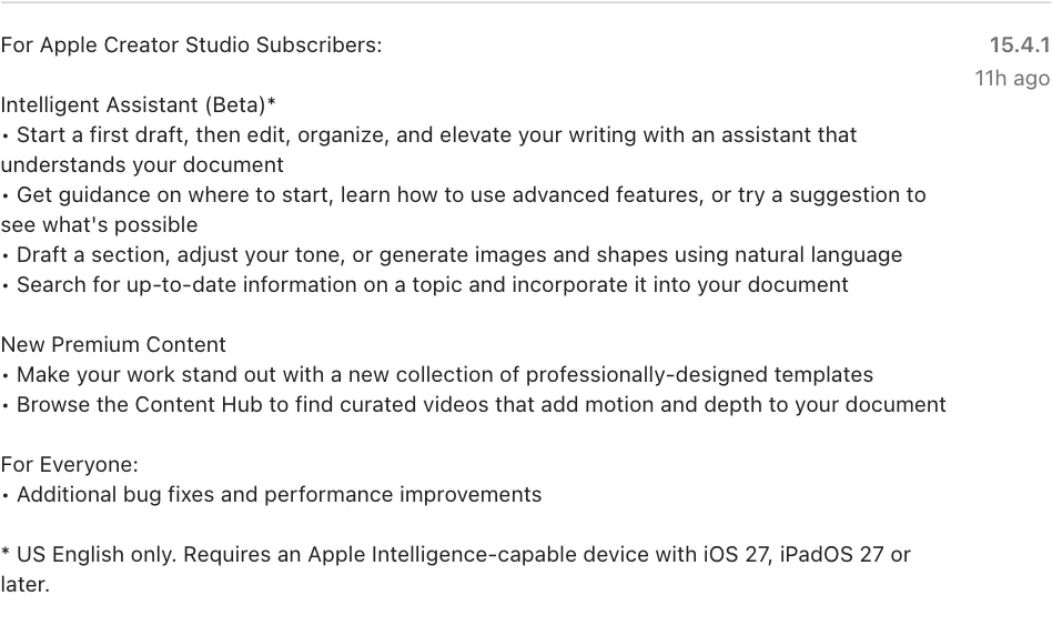บันทึกรุ่น Pages 15.4.1 ใน App Store: iWork Intelligent Assistant (Beta) สำหรับสมาชิก Apple Creator Studio ใช้ได้เฉพาะ US English บน iOS 27 และ iPadOS 27
