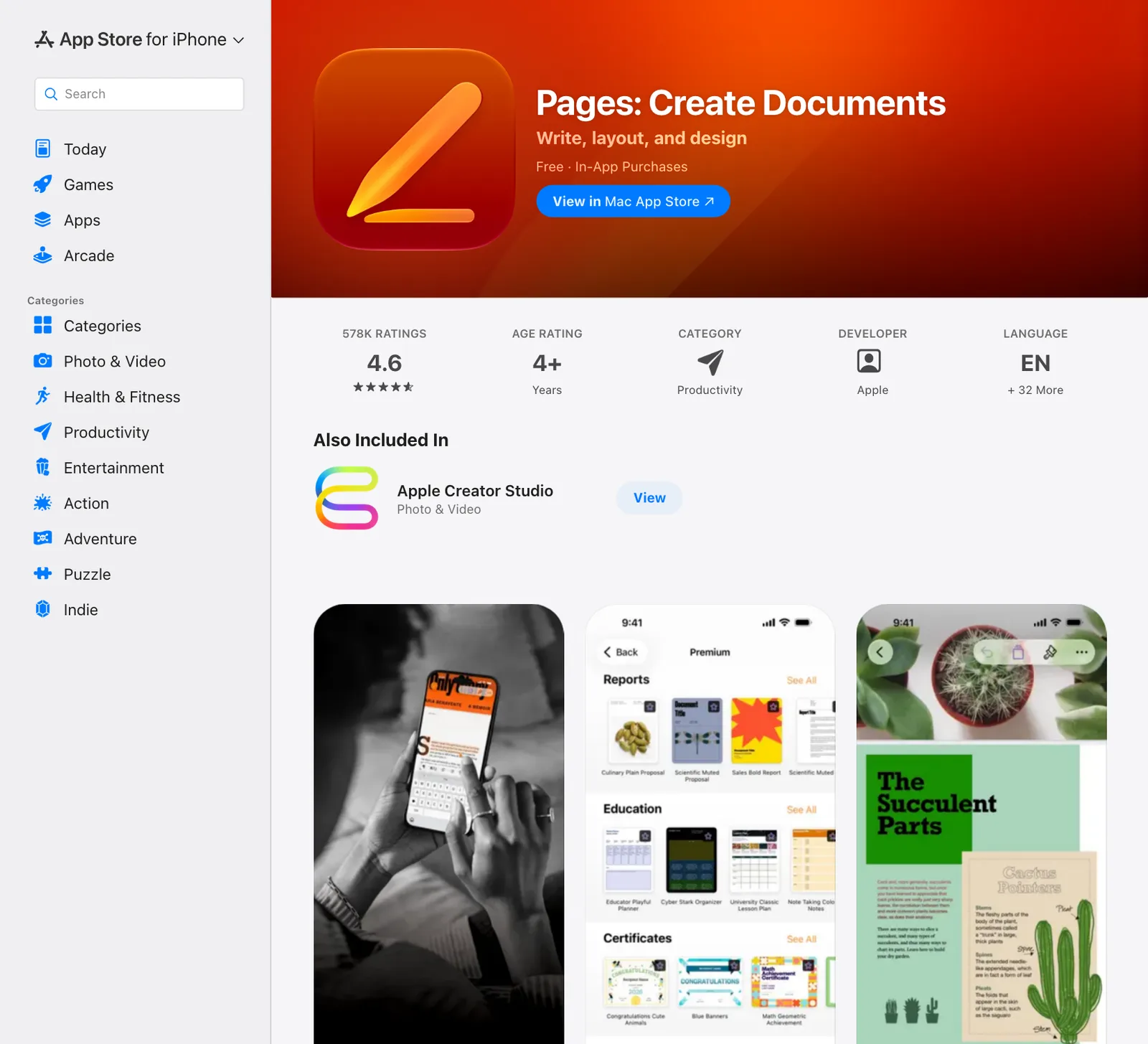 หน้า Pages ใน App Store ระบุว่าแอปรวมอยู่ใน Apple Creator Studio ซึ่งเป็นการสมัครสมาชิกที่ต้องมีเพื่อใช้ iWork Intelligent Assistant