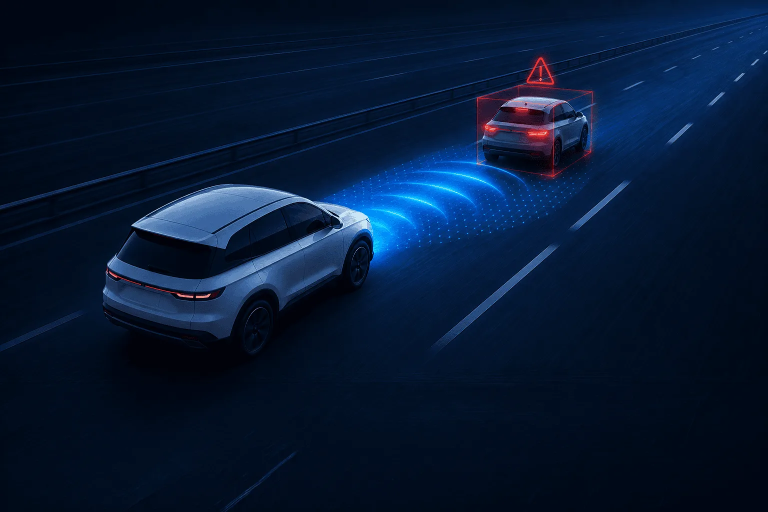 ภาพกราฟิกระบบเบรกฉุกเฉินอัตโนมัติของ JAECOO 5 EV ตรวจจับรถคันหน้าบนทางด่วนตอนกลางคืน
