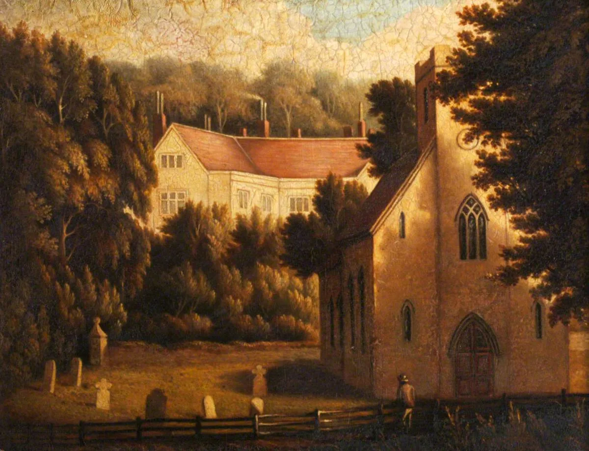ภาพเขียน Chawton House and Church ปี 1809 ในคอลเลกชันของ Jane Austen's House