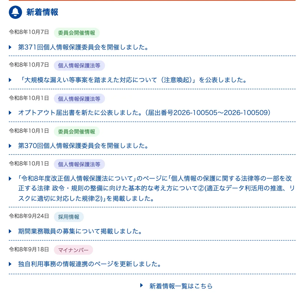 ภาพหน้าจอรายการข่าวล่าสุดบนเว็บไซต์ PPC ญี่ปุ่น แสดงการเผยแพร่ประกาศเตือนเรื่องเหตุข้อมูลรั่วไหลครั้งใหญ่เมื่อ 7 ตุลาคม 2026
