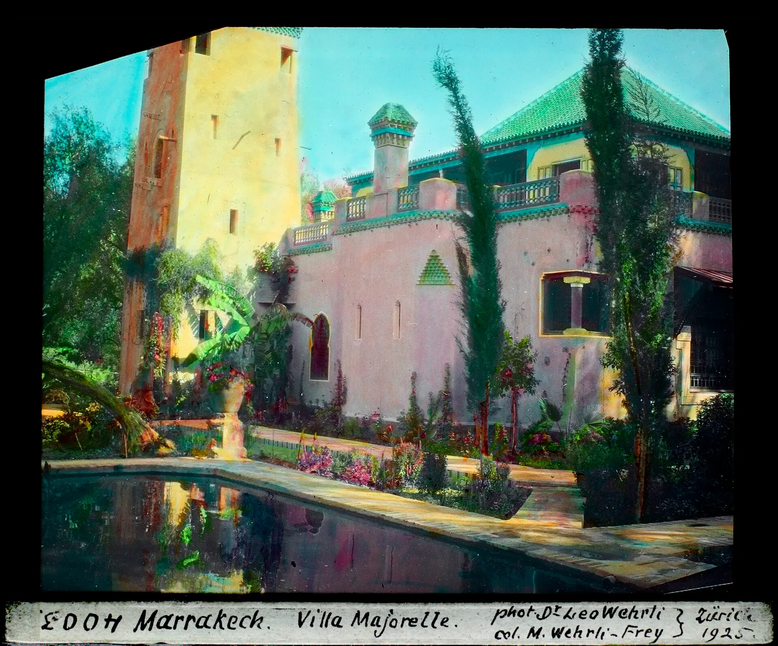 วิลลาของ Jacques Majorelle ที่ Marrakech ในรูปแบบแรก ภาพสไลด์ปี 1925 ของ Leo Wehrli ลงสีโดย Margrit Wehrli-Frey