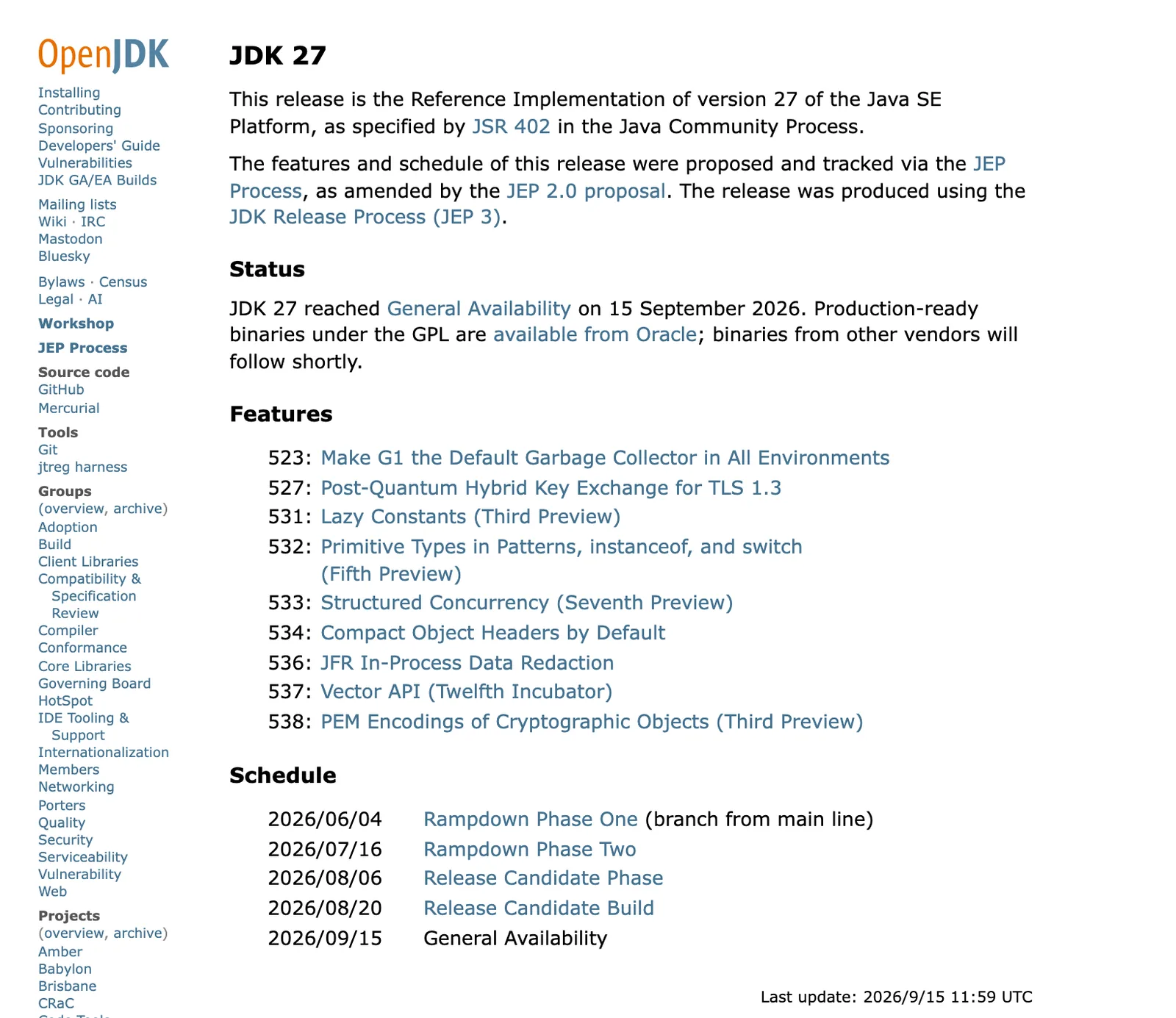 ภาพหน้าจอหน้าโครงการ JDK 27 ของ OpenJDK แสดงรายการ JEP ทั้ง 9 รายการและกำหนดการออกรุ่น