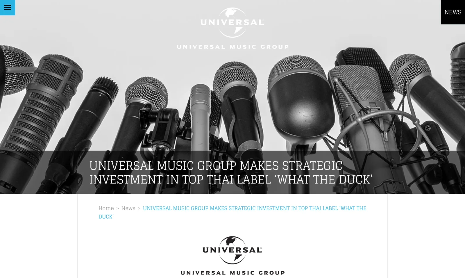 หน้าประกาศบนเว็บไซต์ Universal Music Group หัวข้อการลงทุนเชิงกลยุทธ์ในค่ายเพลงไทย What The Duck