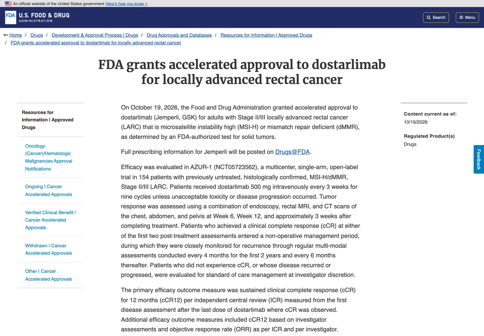 หน้าประกาศของ FDA เรื่องการเร่งอนุมัติ dostarlimab หรือ Jemperli มะเร็งลำไส้ตรงระยะลุกลามเฉพาะที่ ลงวันที่ 19 ตุลาคม 2026 พร้อมรายละเอียดการทดลอง AZUR-1