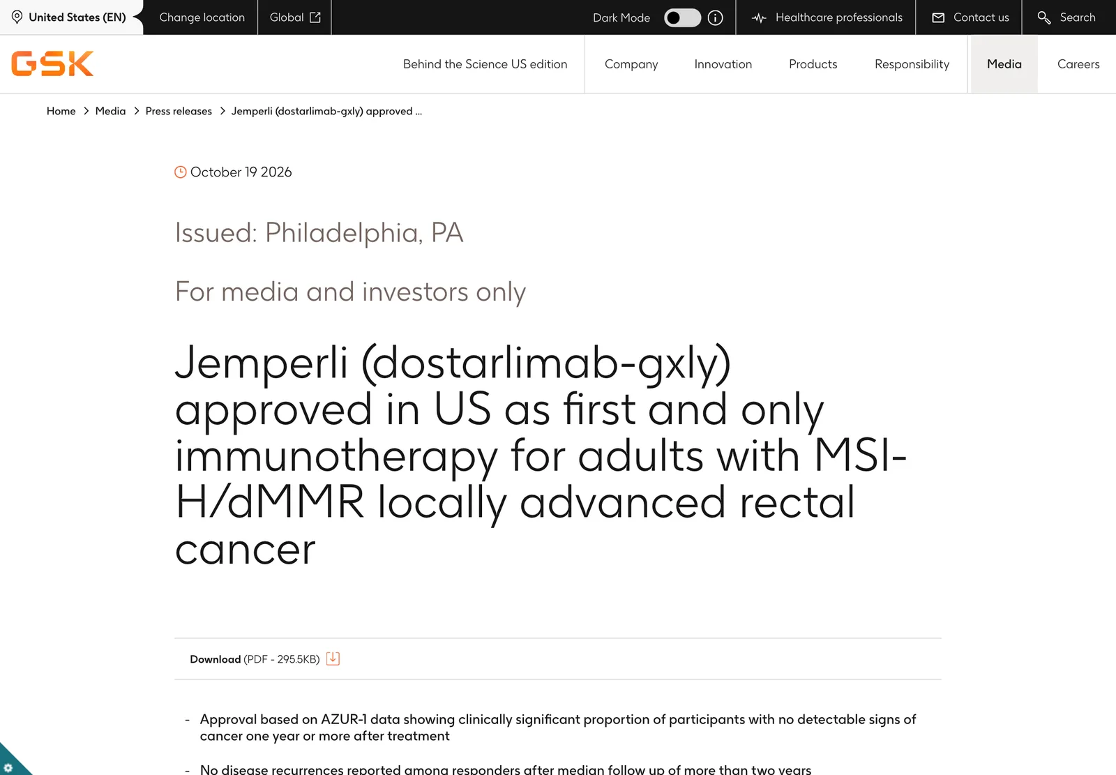 หน้าข่าวประชาสัมพันธ์ของ GSK ลงวันที่ 19 ตุลาคม 2026 หัวข้อ Jemperli (dostarlimab-gxly) approved in US as first and only immunotherapy for adults with MSI-H/dMMR locally advanced rectal cancer