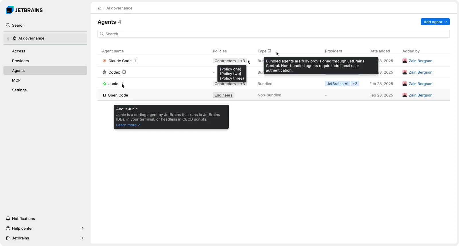 หน้าจอ Agents ในคอนโซล JetBrains Air Governance แสดง Claude Code, Codex, Junie และ Open Code พร้อมนโยบายและประเภทของแต่ละเอเจนต์