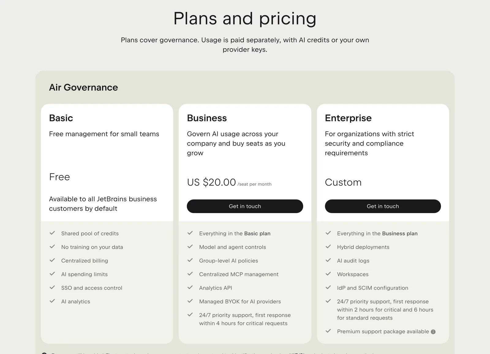 ตารางแผนและราคา JetBrains Air Governance แผน Basic ฟรี Business 20 ดอลลาร์สหรัฐต่อที่นั่งต่อเดือน และ Enterprise ราคาตามตกลง