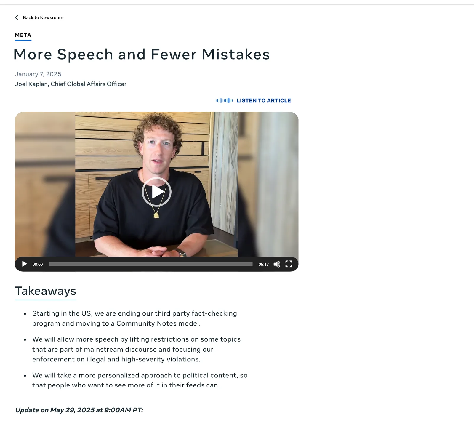 หน้าประกาศ More Speech and Fewer Mistakes ใน Meta Newsroom วันที่ 7 มกราคม 2025 ลงชื่อ Joel Kaplan ตำแหน่ง Chief Global Affairs Officer พร้อมสรุปการยุติโครงการตรวจสอบข้อเท็จจริงในสหรัฐฯ
