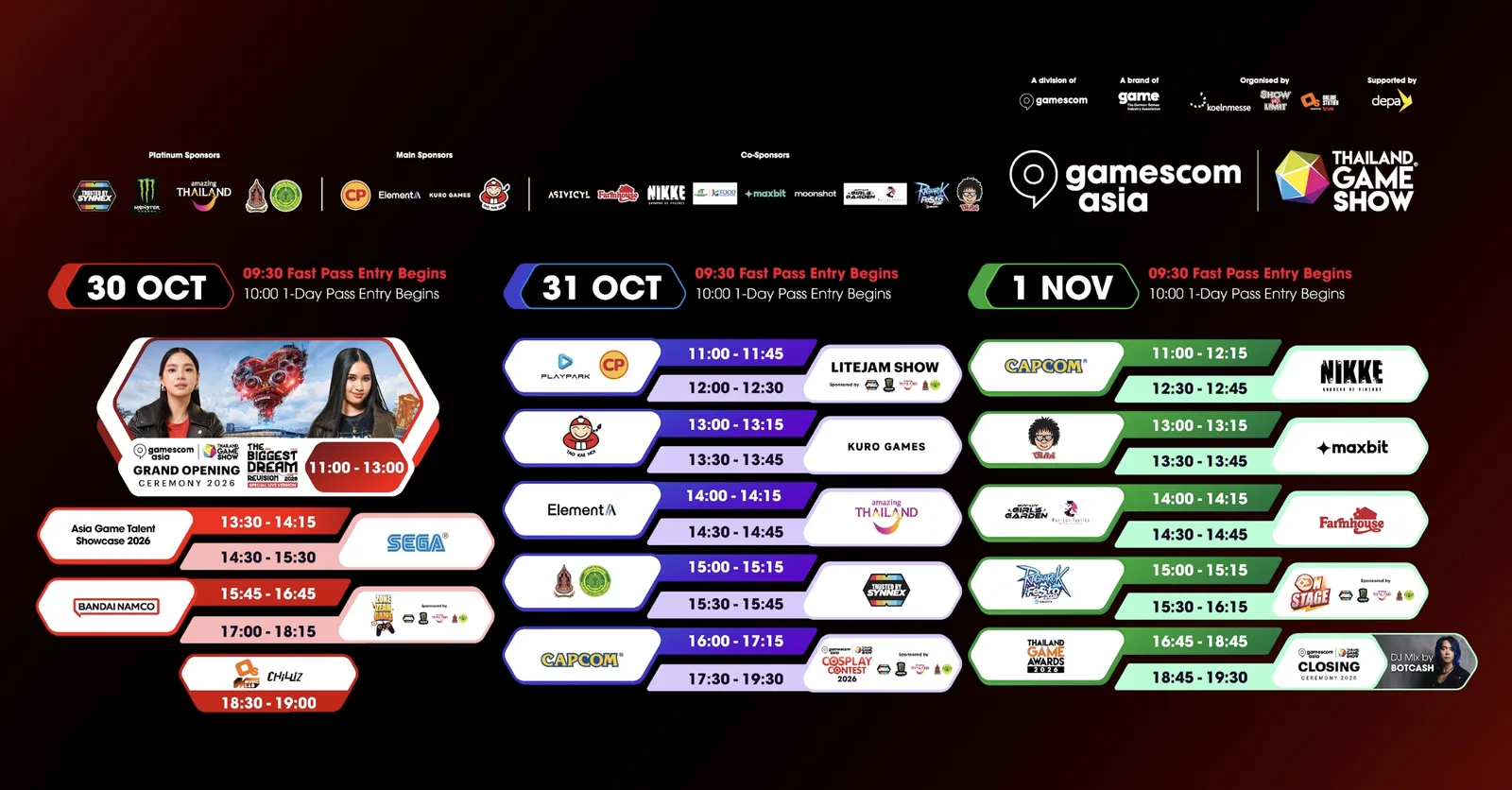 ตารางเวทีหลักของ gamescom asia x Thailand Game Show 2026 ระหว่าง 30 ตุลาคมถึง 1 พฤศจิกายน พิธีเปิดวันแรกเวลา 11:00–13:00 น.