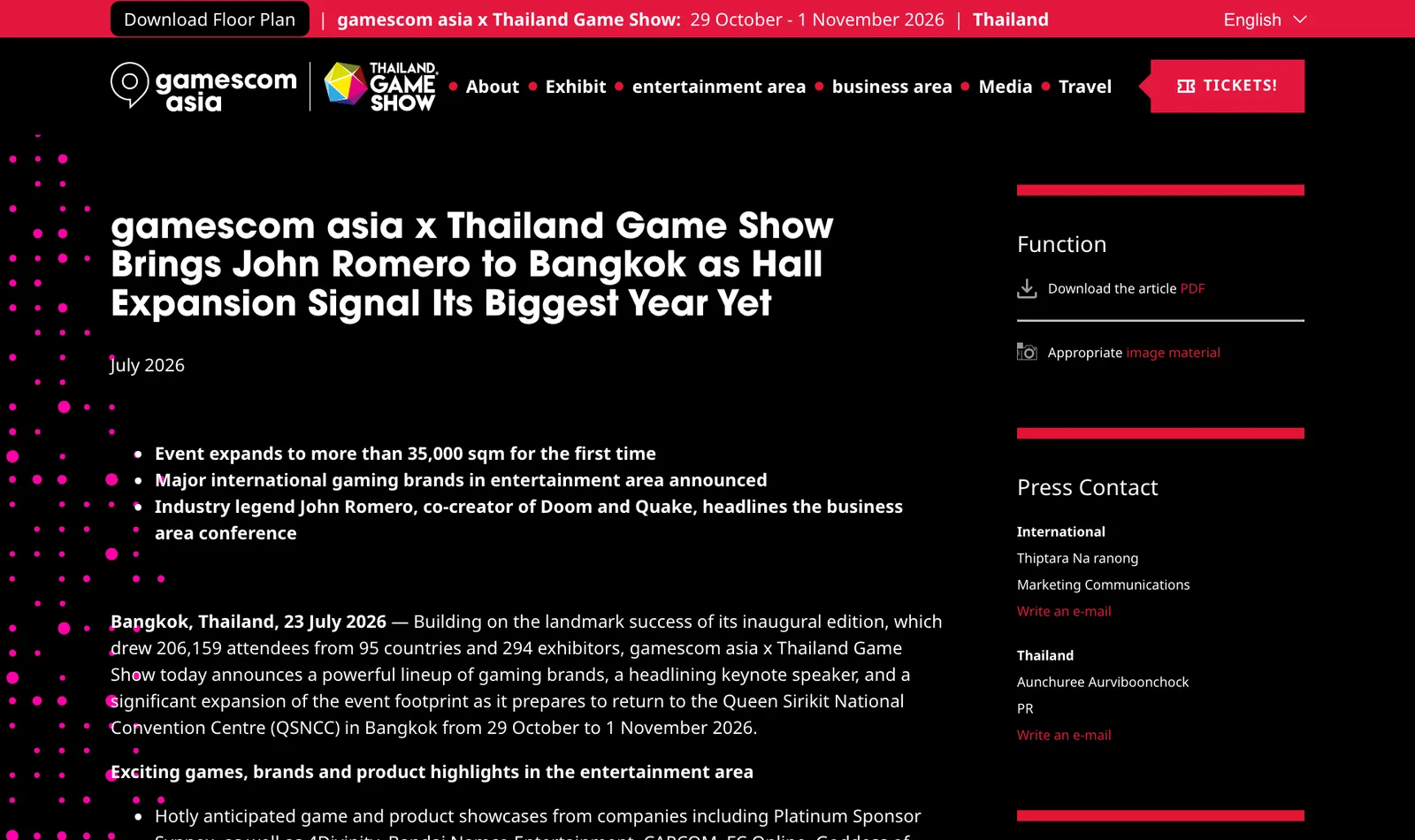 ภาพหน้าจอข่าวแจกของ gamescom asia x Thailand Game Show วันที่ 23 กรกฎาคม 2026 เรื่องการนำ John Romero มาที่กรุงเทพฯ