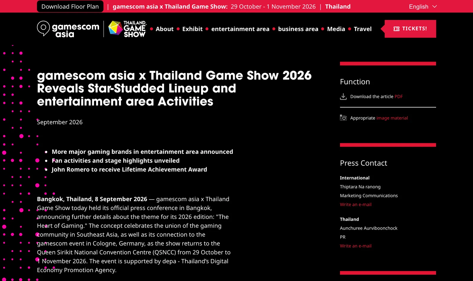 ภาพหน้าจอข่าวแจกของ gamescom asia x Thailand Game Show วันที่ 8 กันยายน 2026 ที่ระบุหัวข้อ John Romero to receive Lifetime Achievement Award