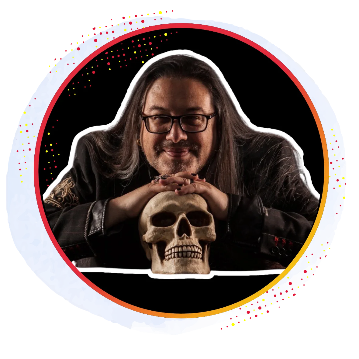 John Romero Lifetime Achievement Award 2026 ผู้ได้รับรางวัลวางมือบนหัวกะโหลกจำลอง ภาพจากหน้าวิทยากรของ gamescom asia x Thailand Game Show