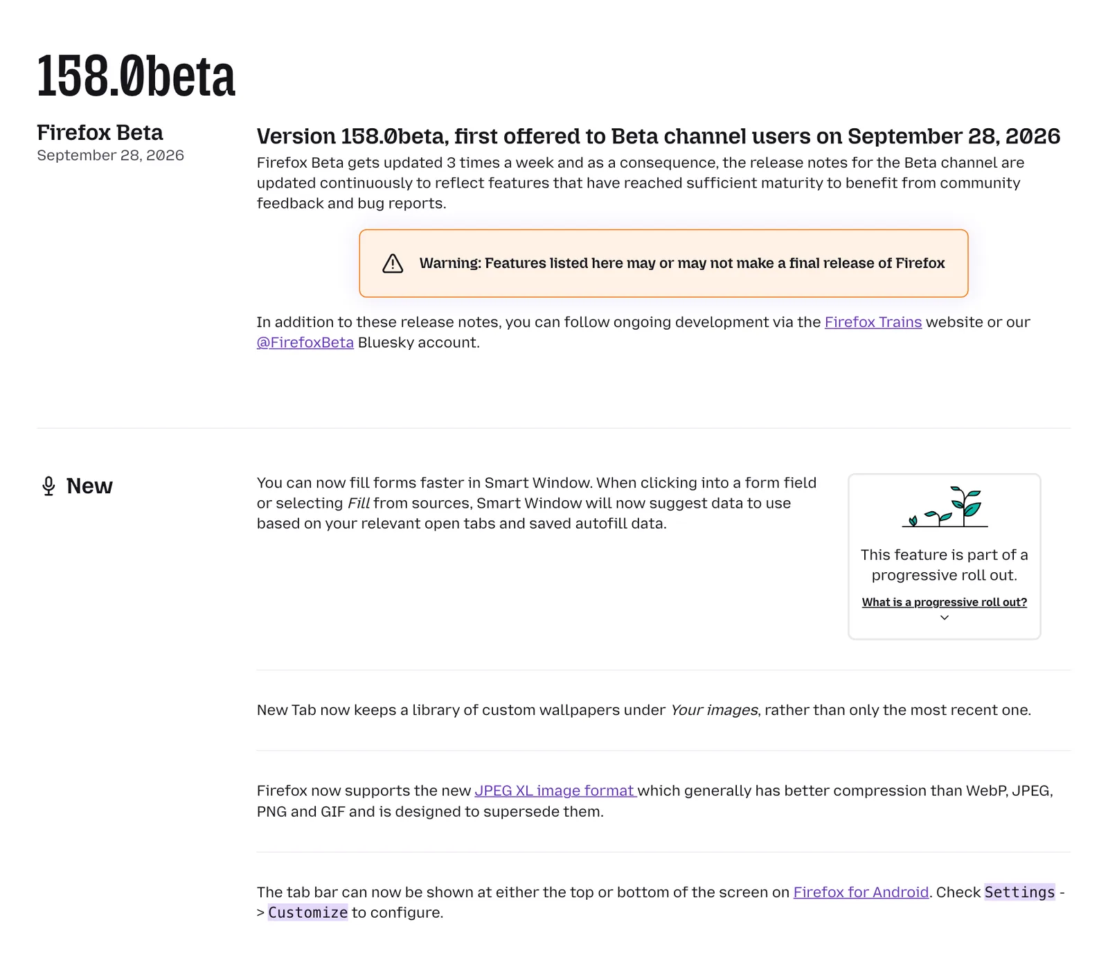 หน้าบันทึกรุ่น Firefox 158.0beta วันที่ 28 กันยายน 2026 หัวข้อ New ระบุว่า Firefox รองรับฟอร์แมตภาพ JPEG XL พร้อมคำเตือนว่าฟีเจอร์ในรุ่น Beta อาจไม่อยู่ในรุ่นจริง