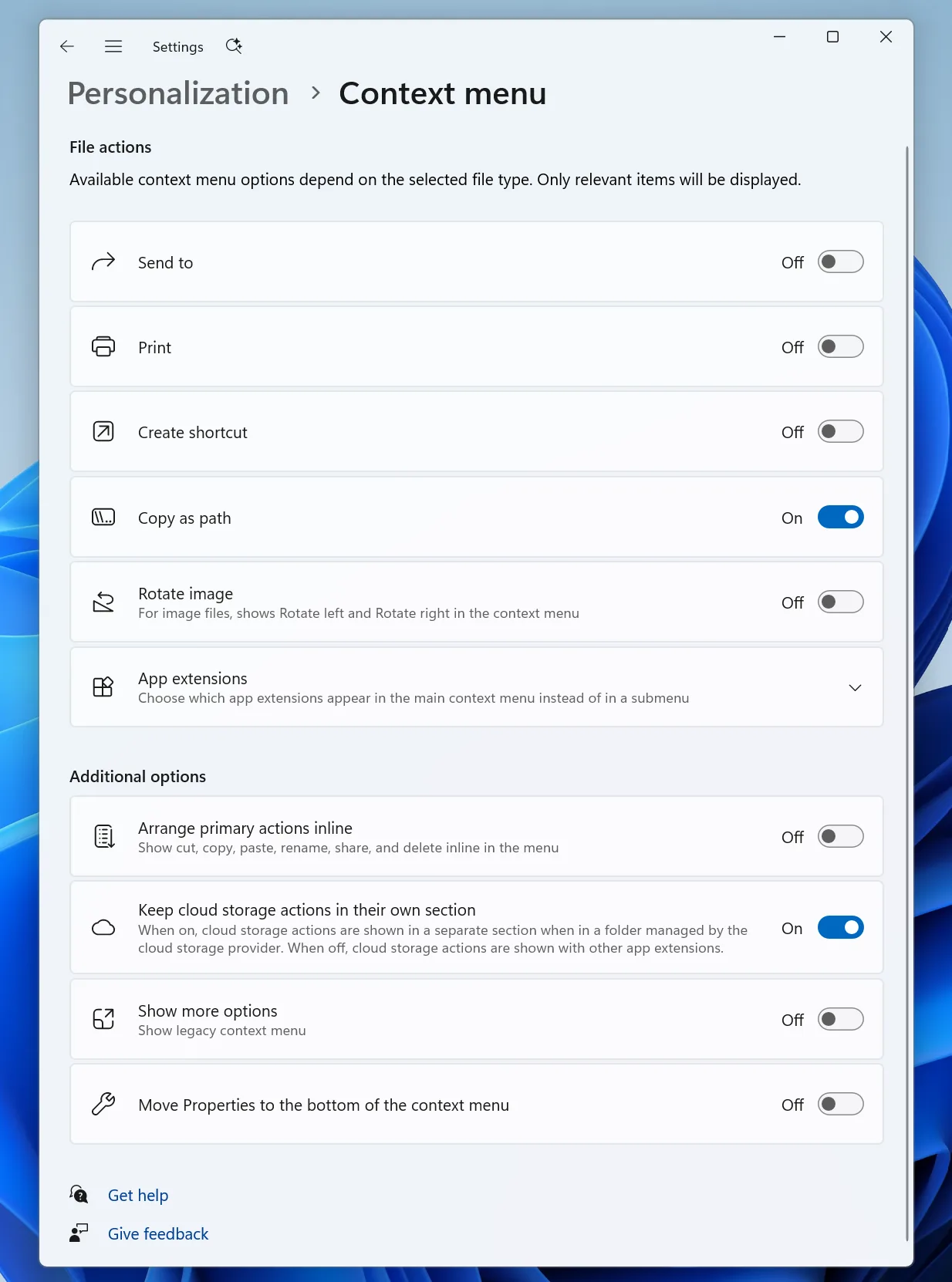 หน้า Settings ส่วน Context menu มีสวิตช์เปิดปิดคำสั่ง