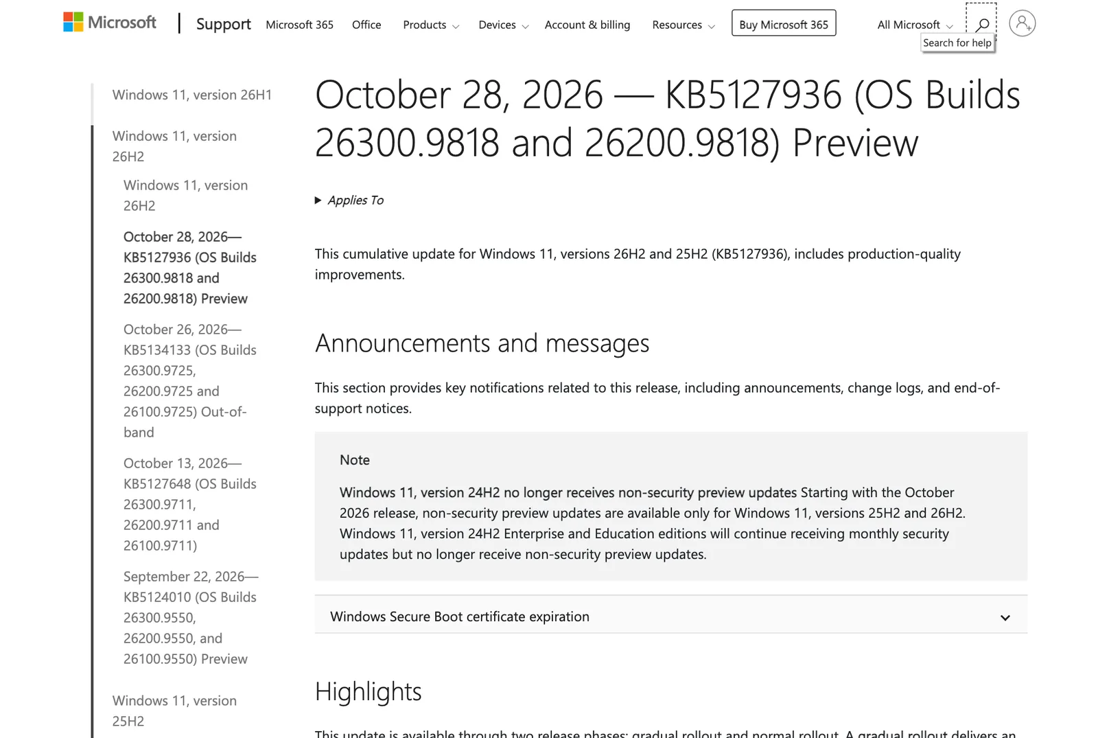 หน้า Microsoft Support ของ KB5127936 ระบุ OS Build 26300.9818 และ 26200.9818