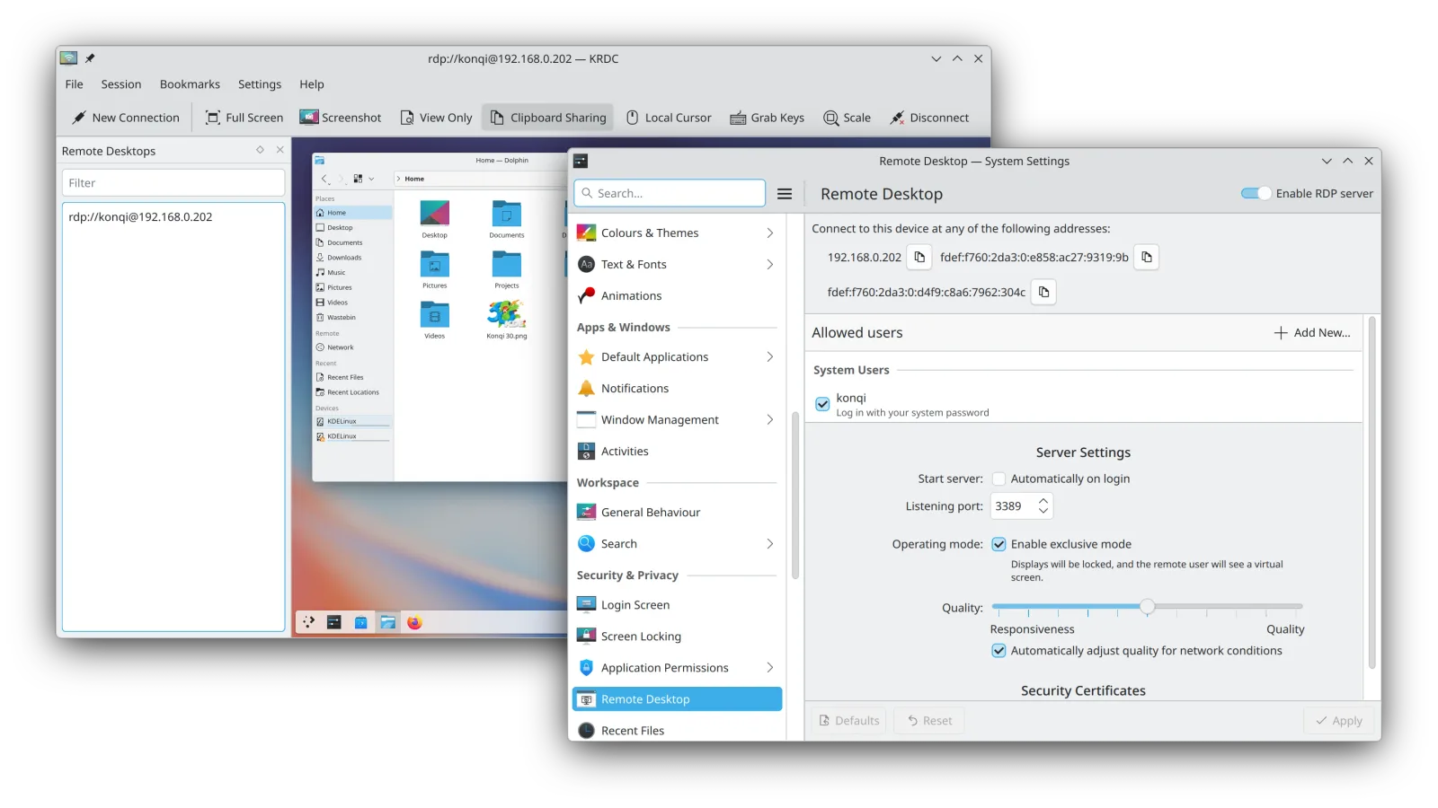 หน้าตั้งค่า Remote Desktop ใน System Settings ของ KDE Plasma 6.8 มีตัวเลือก Enable exclusive mode และปรับคุณภาพตามเครือข่าย ข้างหน้าต่าง KRDC ที่เชื่อมผ่าน RDP