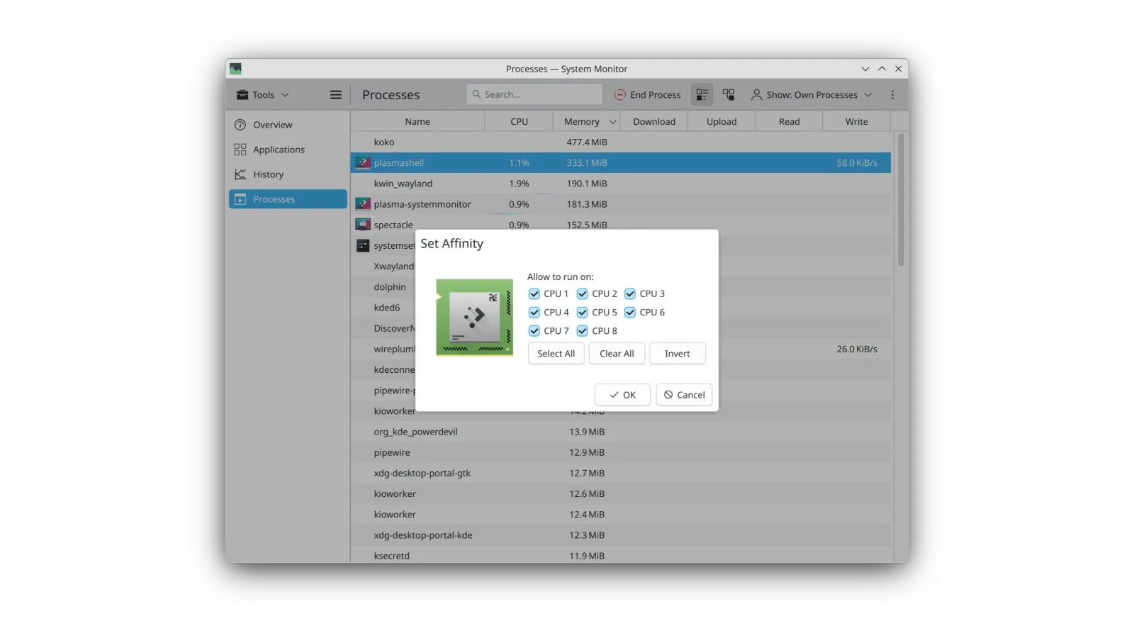 หน้าต่าง Set Affinity ใน System Monitor ของ KDE Plasma 6.8 ให้เลือก CPU 1 ถึง 8 ที่โปรเซสได้รับอนุญาตให้ทำงาน