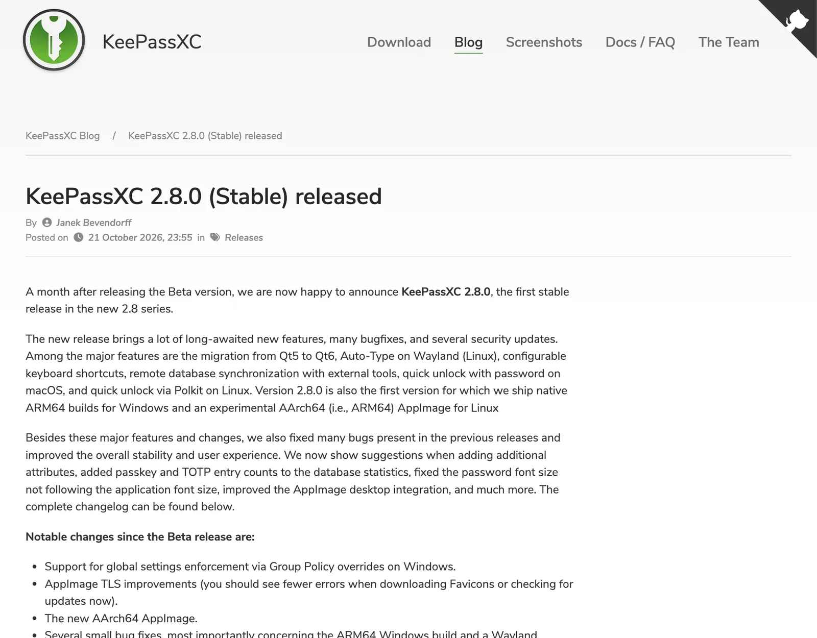 หน้าบล็อก KeePassXC ประกาศ KeePassXC 2.8.0 (Stable) released โดย Janek Bevendorff ลงวันที่ 21 October 2026 พร้อมสรุปฟีเจอร์ Qt6 และ Auto-Type on Wayland