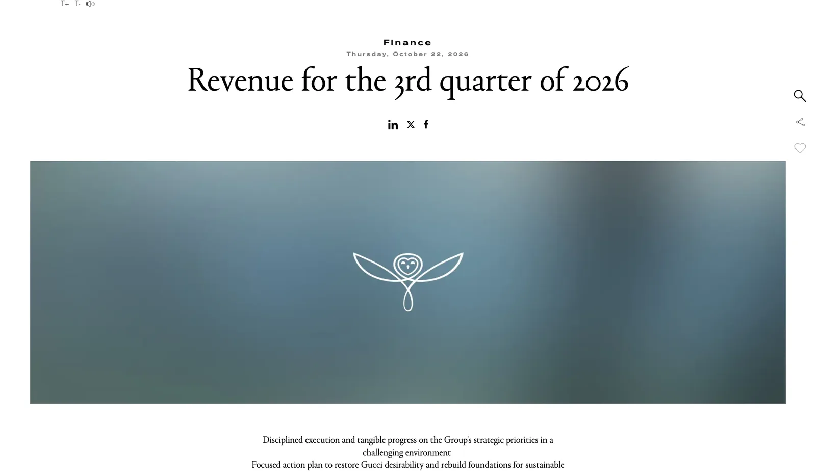 หน้าประกาศ Revenue for the 3rd quarter of 2026 บนเว็บไซต์ kering.com ลงวันที่ 22 ตุลาคม 2026 พร้อมโลโก้นกฮูกของ Kering