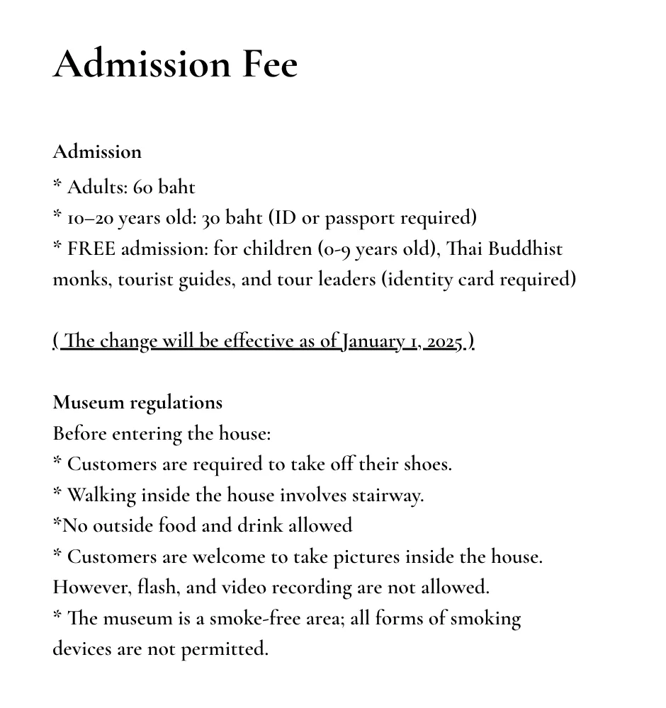 ภาพหน้าจอหน้า Admission Fee ของพิพิธภัณฑ์คุ้มวงศ์บุรี แพร่ แสดงค่าเข้าชมผู้ใหญ่ 60 บาท อายุ 10–20 ปี 30 บาท และระเบียบการเข้าชม