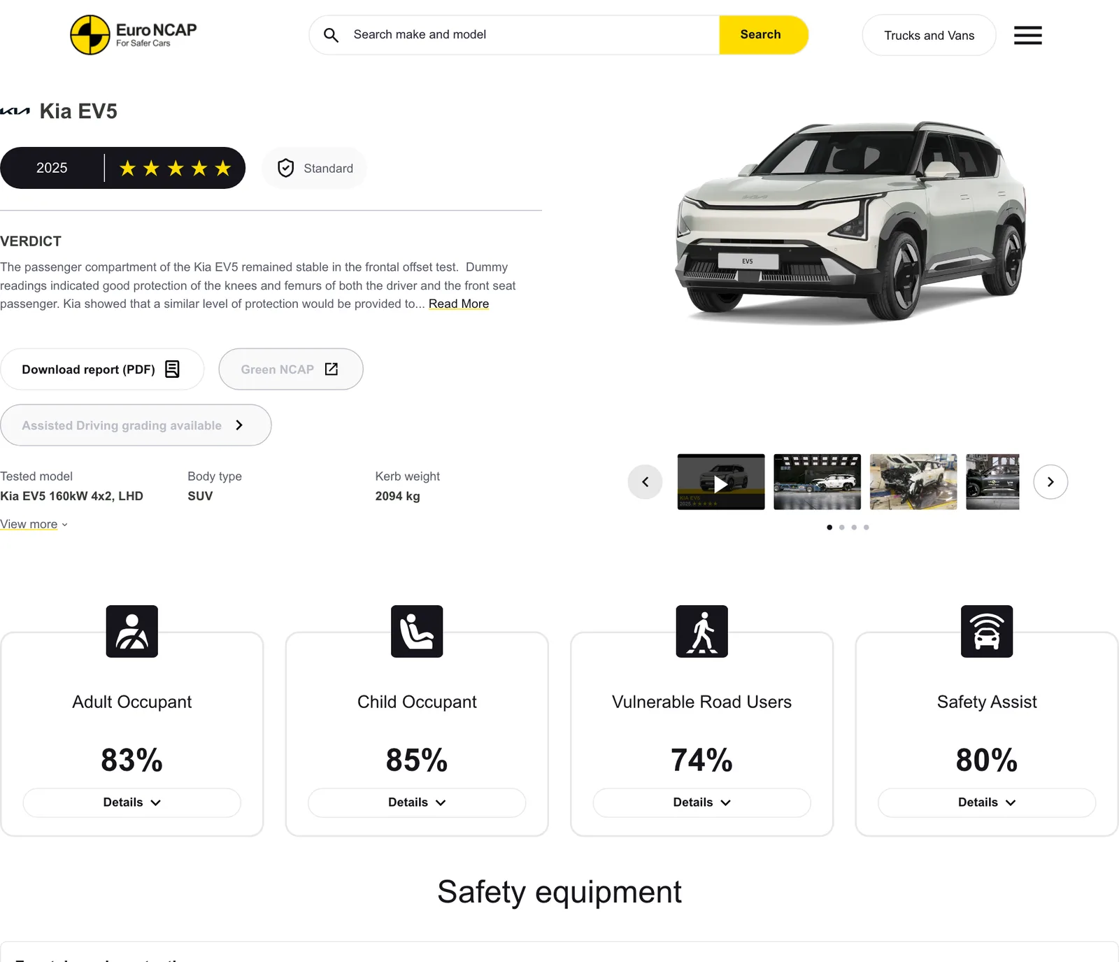 หน้าผลทดสอบ Euro NCAP ของ Kia EV5 ปี 2025 แสดง 5 ดาว รุ่นที่ทดสอบ EV5 160kW 4x2 พวงมาลัยซ้าย คะแนนผู้ใหญ่ 83% เด็ก 85% ผู้ใช้ถนน 74% ระบบช่วย 80%