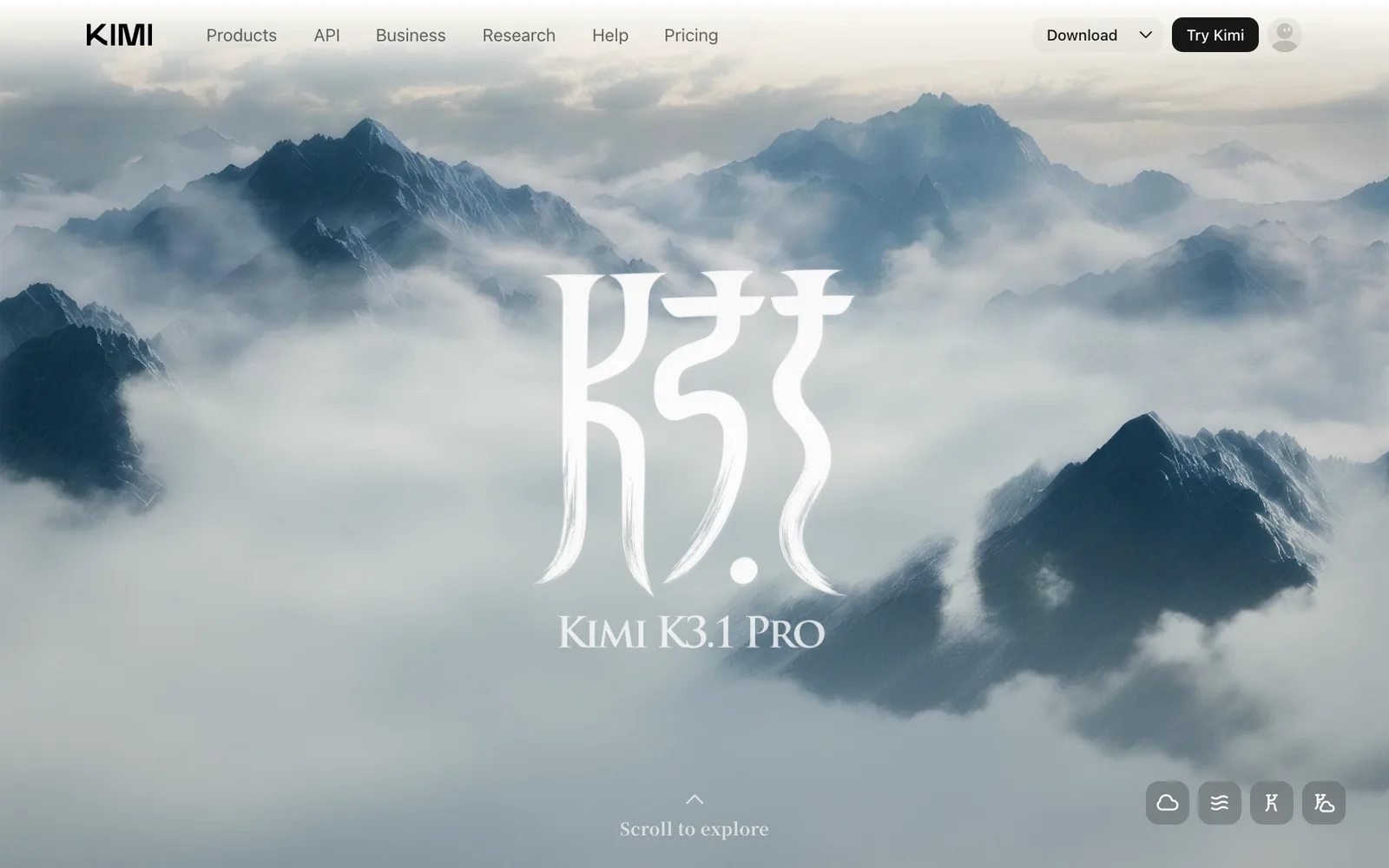 ภาพหน้าจอหน้าบล็อกเปิดตัว Kimi K3.1 Pro บนเว็บไซต์ Kimi ของ Moonshot AI แสดงโลโก้ K3.1 บนภาพทิวเขาและทะเลหมอก