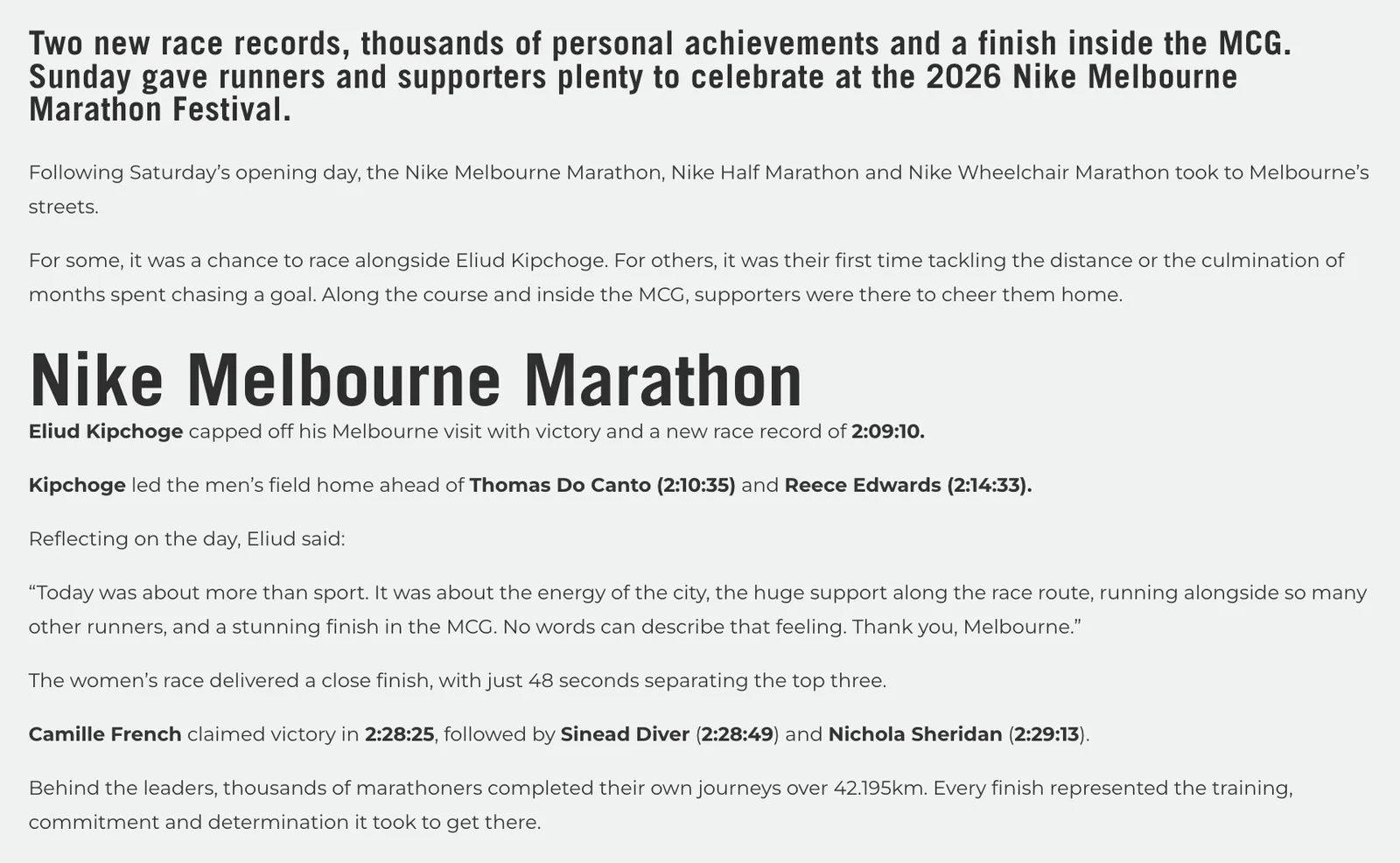 ภาพหน้าจอประกาศผลคิปโชเก เมลเบิร์นมาราธอน 2026 บนเว็บไซต์ Nike Melbourne Marathon Festival: Eliud Kipchoge ชนะด้วยสถิติรายการใหม่ 2:09:10 Thomas Do Canto 2:10:35 และ Camille French ชนะรุ่นหญิง 2:28:25