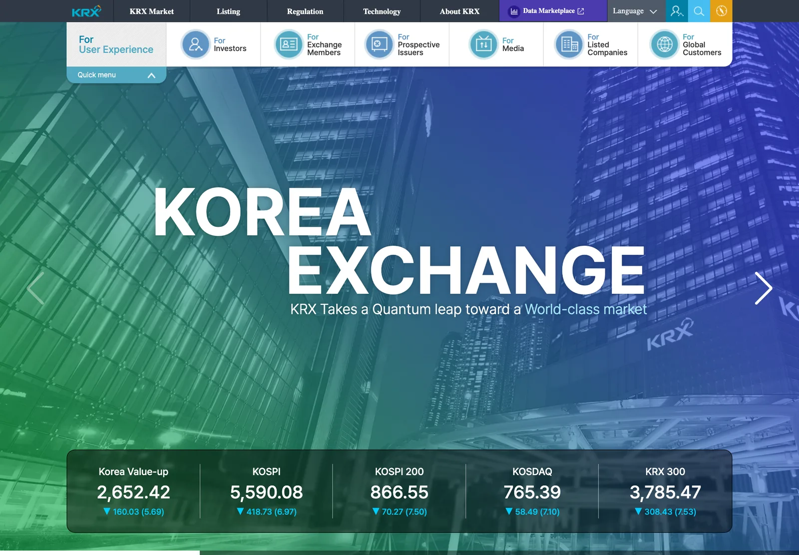 หน้าเว็บไซต์ Korea Exchange แสดงดัชนี KOSPI 5,590.08 จุด ลดลง 6.97% และ KOSDAQ 765.39 จุด ลดลง 7.10% วันที่ 15 ตุลาคม 2026