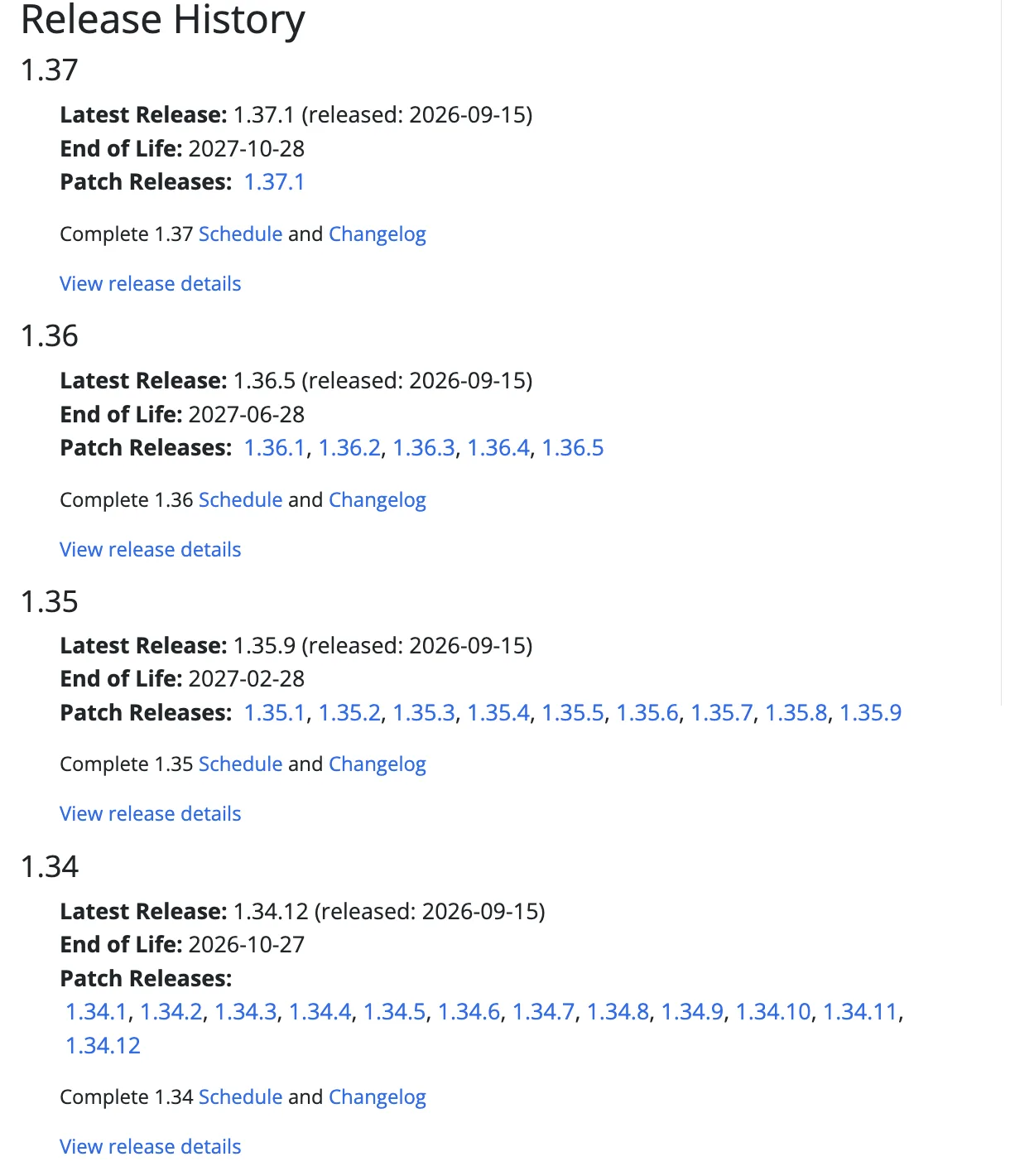 หน้า Releases ของ kubernetes.io แสดงรุ่น 1.37, 1.36, 1.35 และ Kubernetes 1.34 หมดซัพพอร์ต End of Life 2026-10-27 แพตช์ล่าสุด 1.34.12