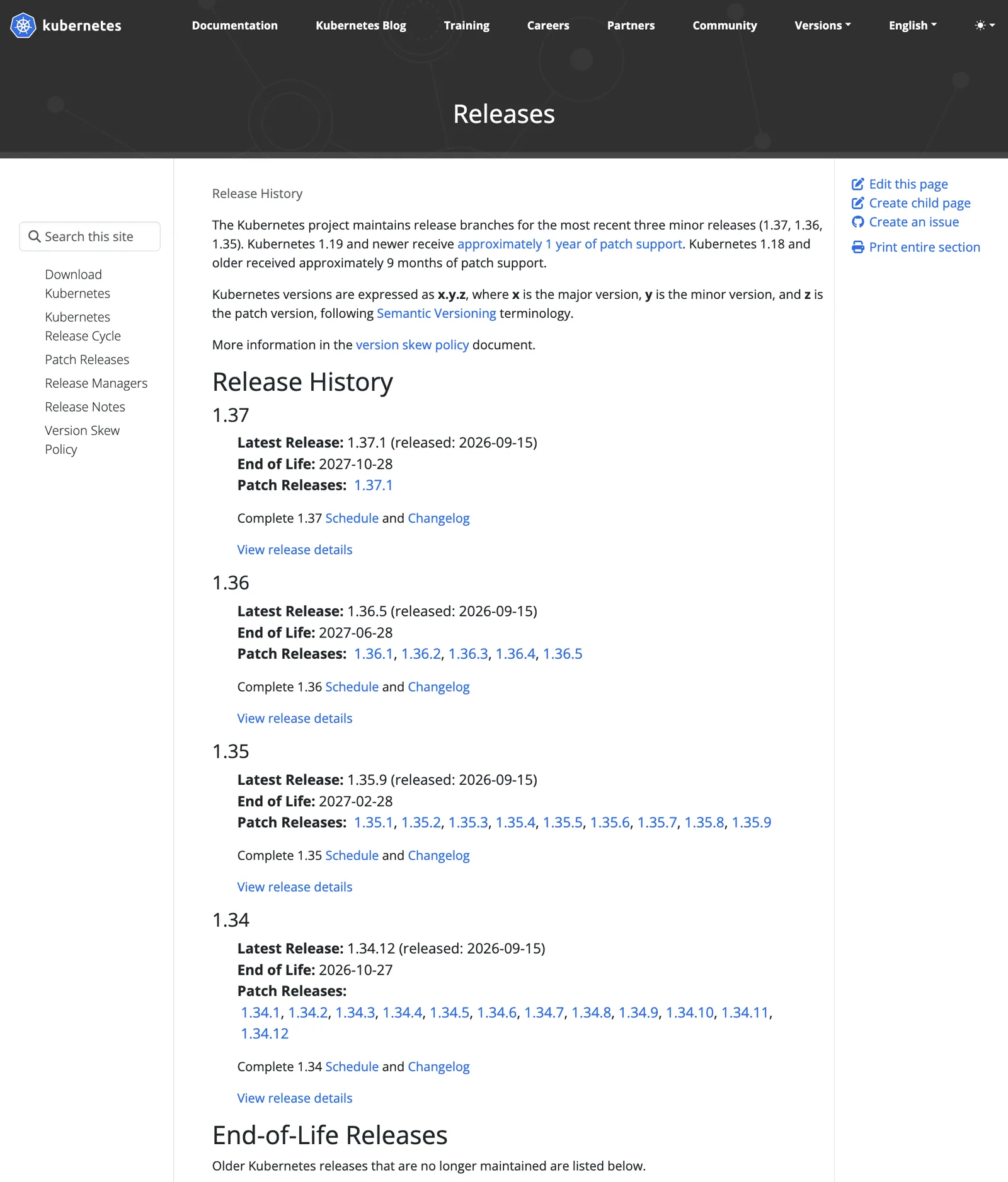 ภาพหน้าจอหน้า Releases ของ Kubernetes แสดงรุ่น 1.37, 1.36, 1.35 และ 1.34 พร้อมวัน End of Life โดย 1.34 หมดอายุ 2026-10-27