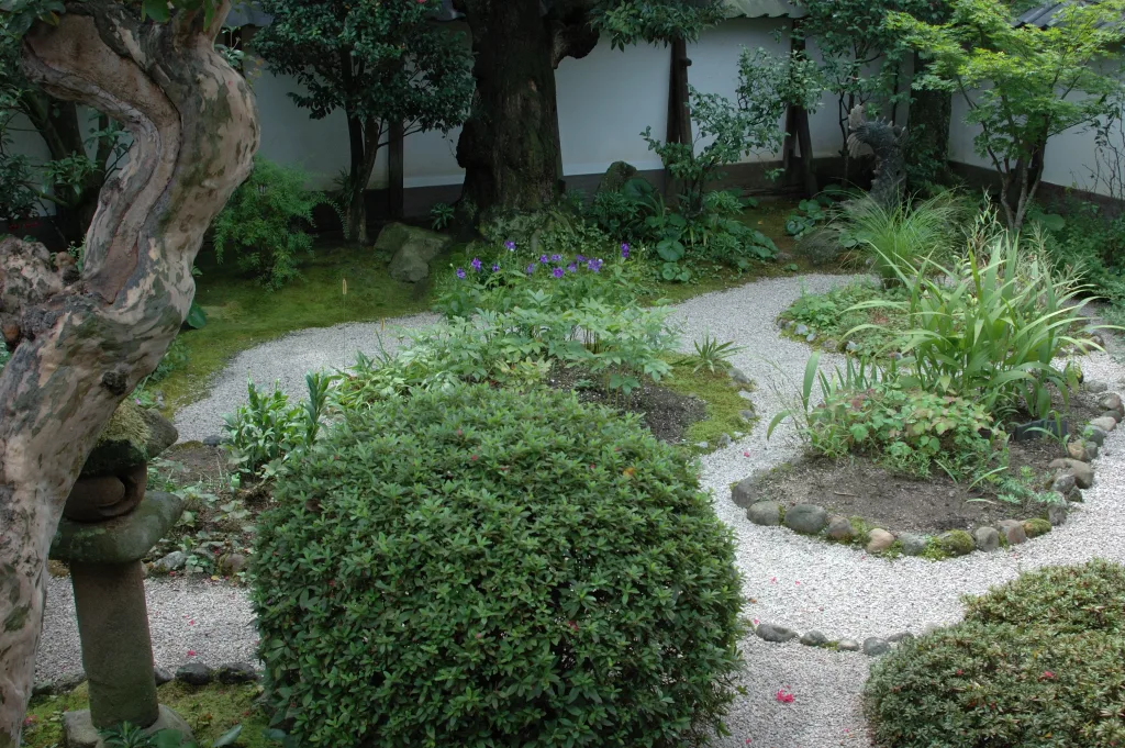 สวนของบ้านพักเดิม Lafcadio Hearn ในมัตสึเอะ มีไม้พุ่มตัดแต่งทรงกลม ทางทรายโค้ง ตะเกียงหิน และต้นไม้ลำต้นบิด ภาพถ่ายเดือนกันยายน 2006